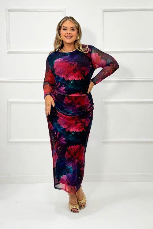 Curve Dark Floral Ruched Mesh Midaxi Dress by FASHION-SZN