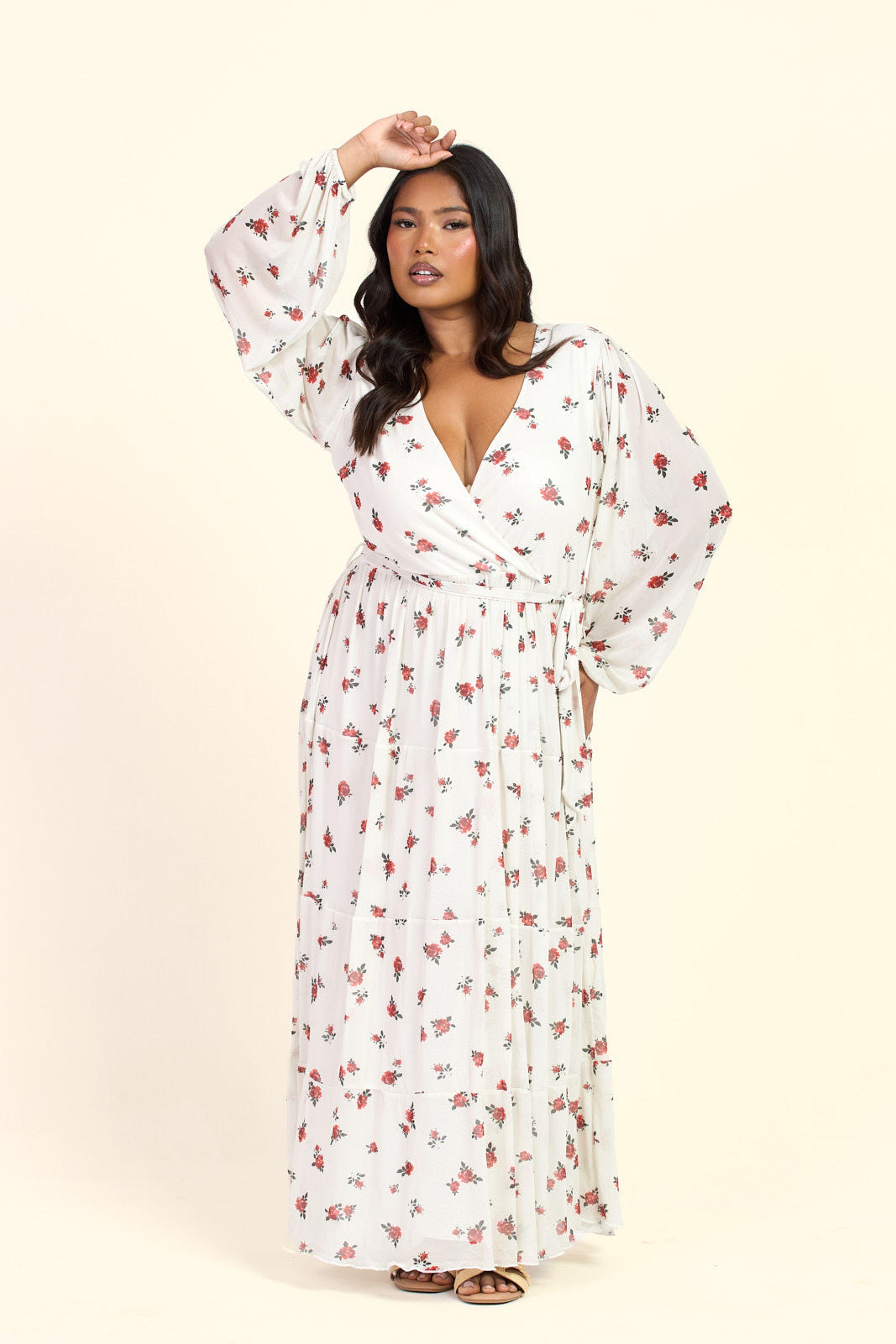Curve Ditsy Print Tiered Wrap Belted Maxi Dress by FASHION-SZN