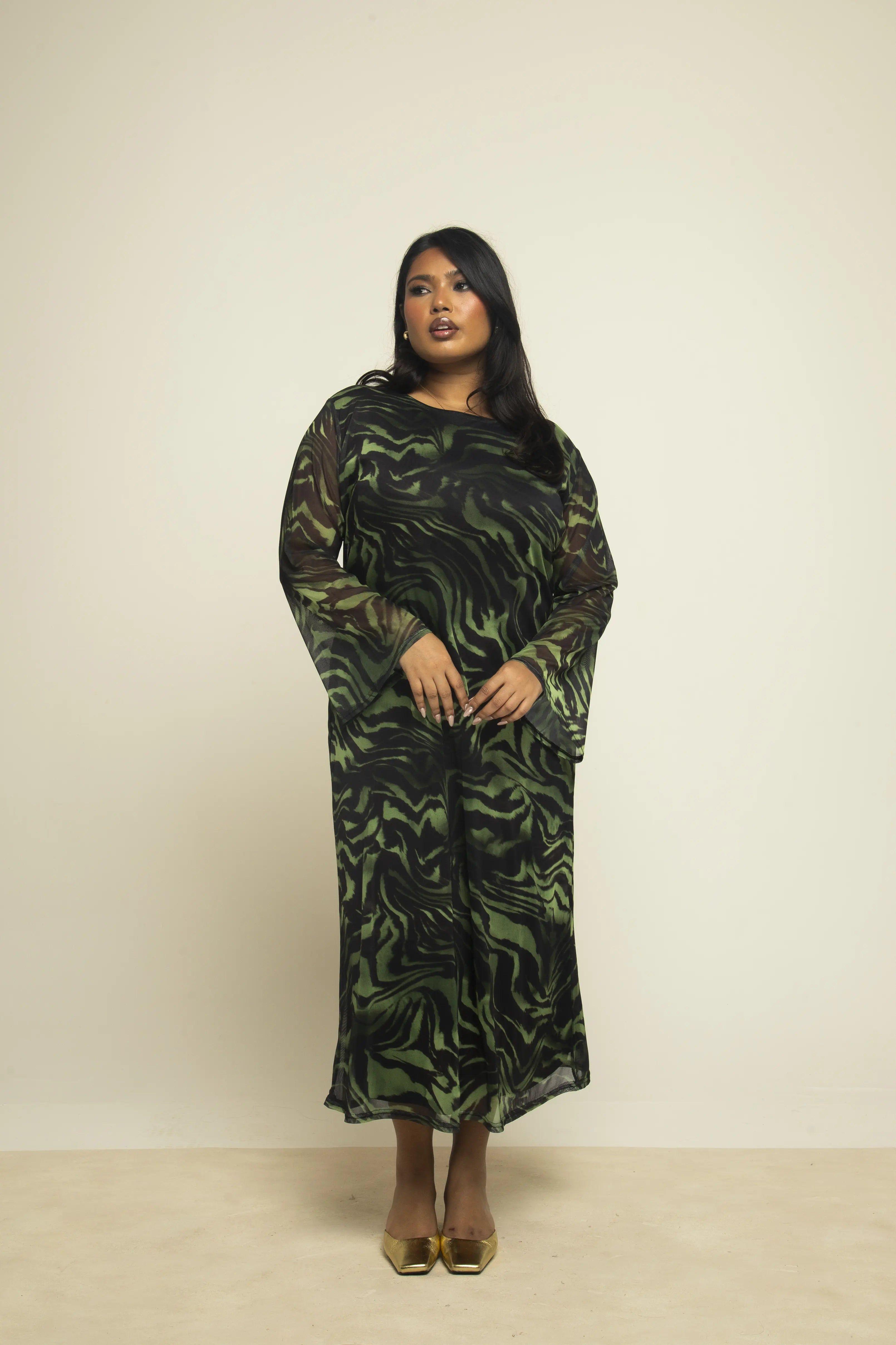 Curve Flare Sleeve Loose Fit A Line Dress In Khaki Zebra Print by FASHION-SZN Curve Flare Sleeve Loose Fit A Line Dress In Khaki Zebra Print by FASHION-SZN