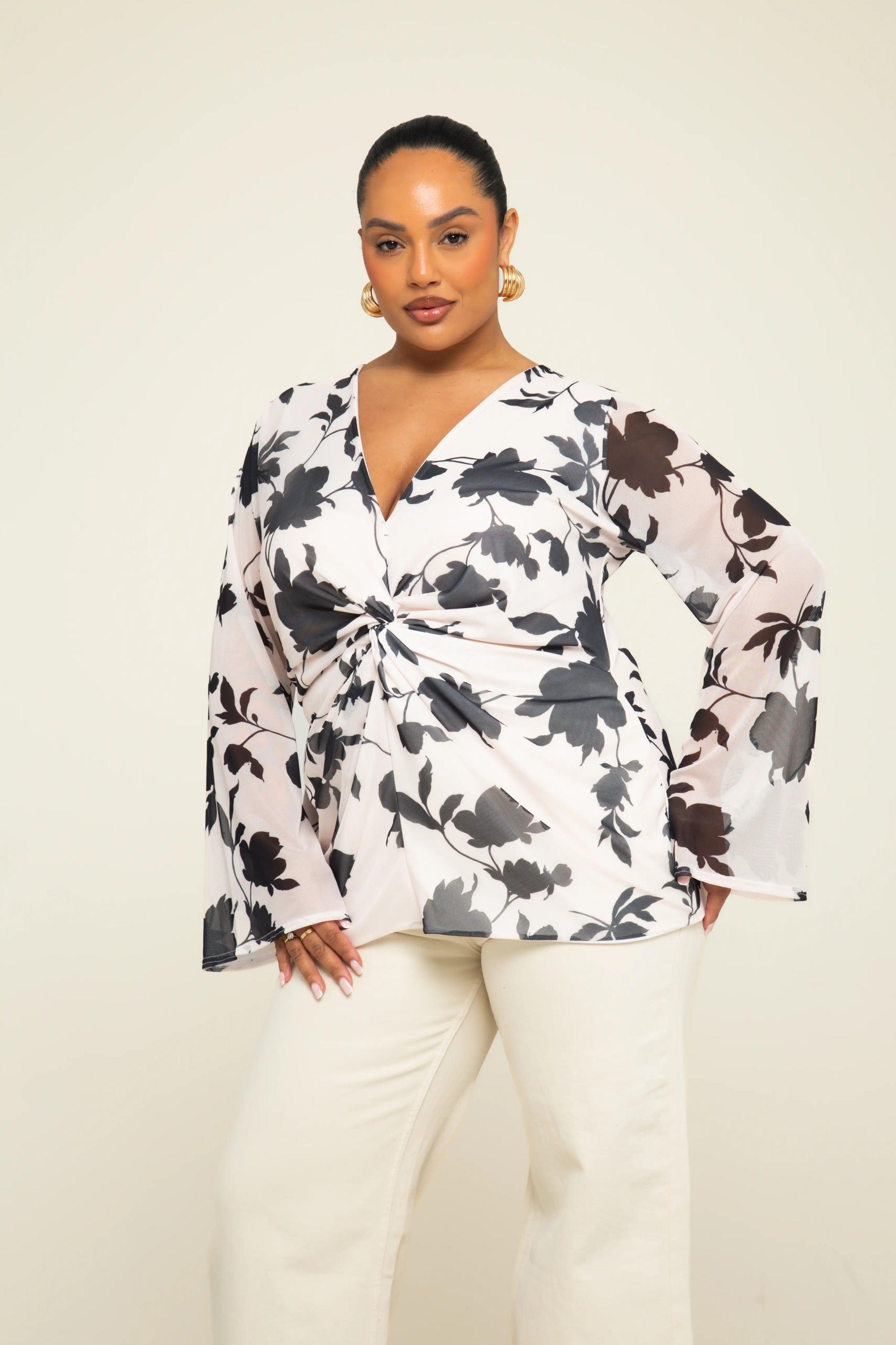 Curve Floral Print Twist Front Flare Sleeve Mesh Blouse by FASHION-SZN