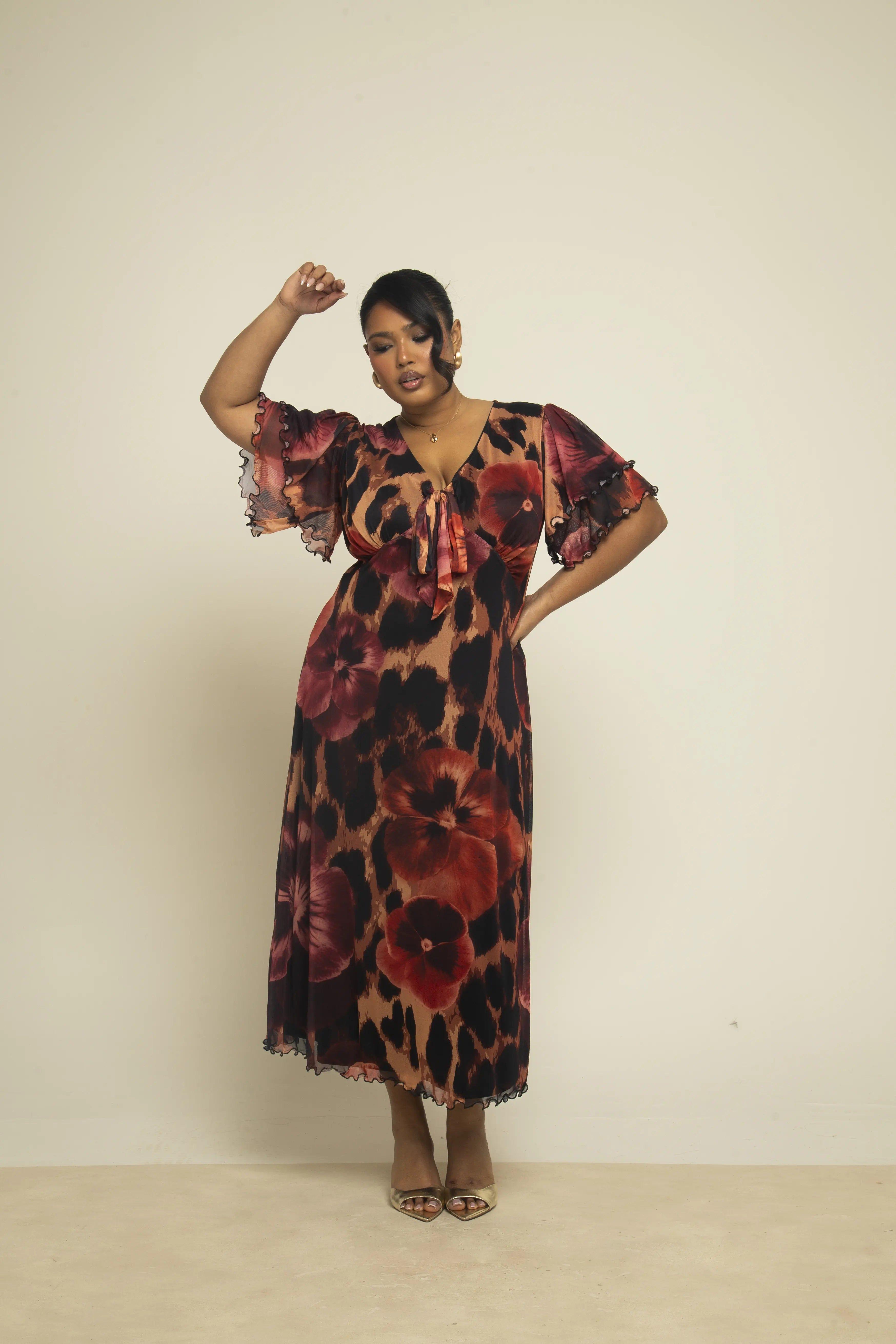 Curve Flutter Sleeve Animal And Floral Statement Midi Dress by FASHION-SZN