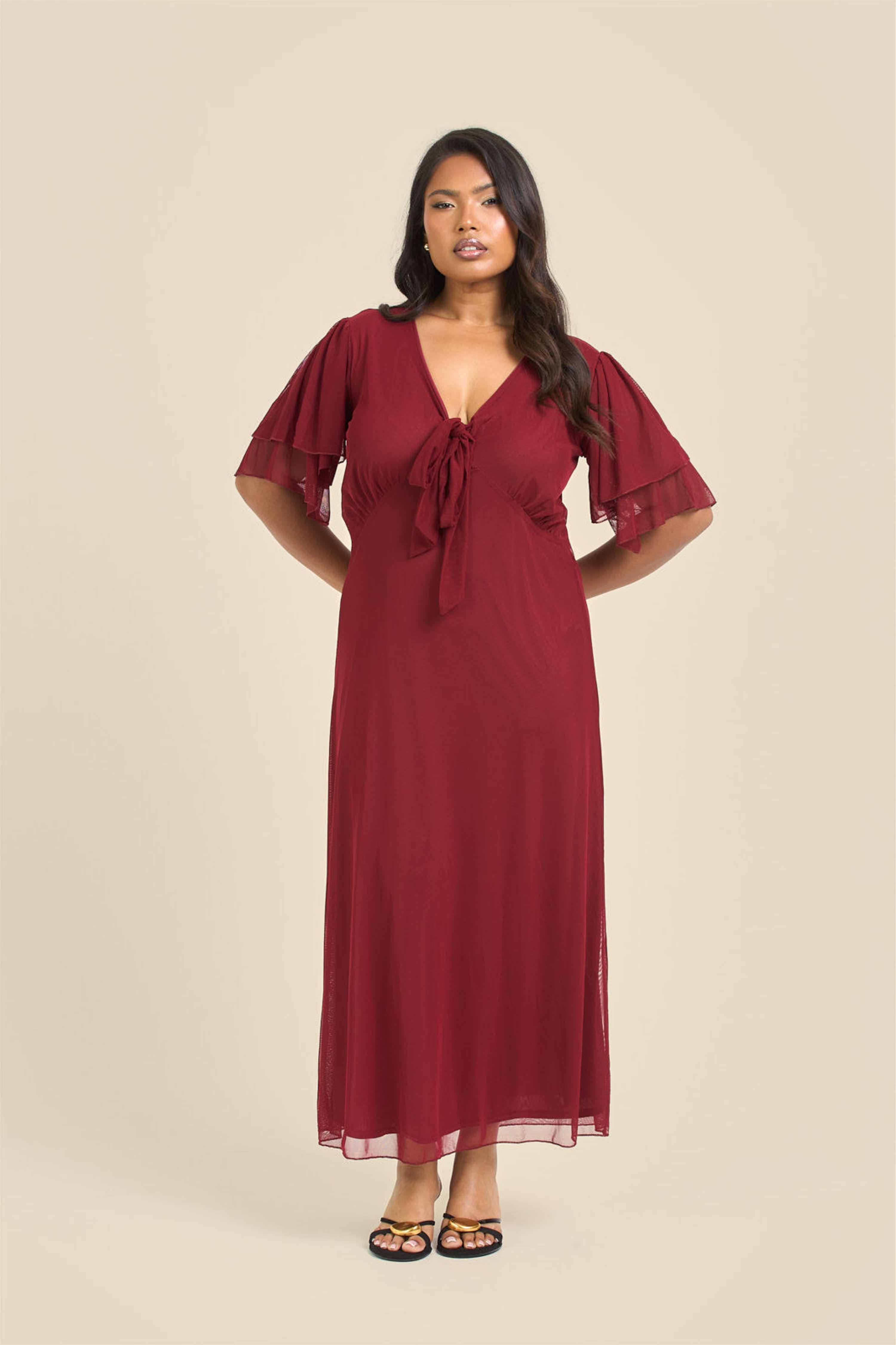 Curve Flutter Sleeve Burgundy Mesh Tie Front Midi Dress by FASHION-SZN