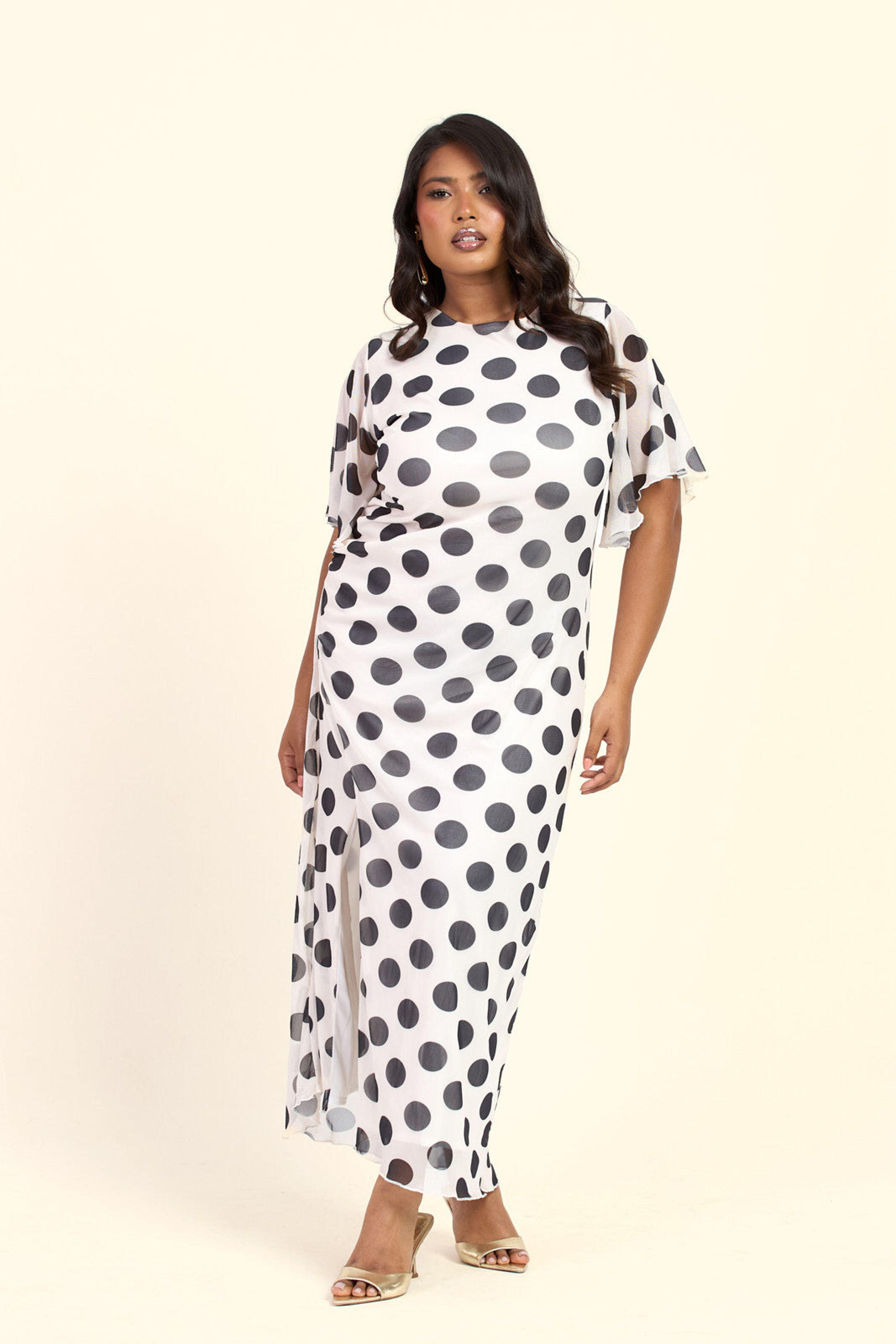 Curve Flutter Sleeve Large Polka Dot Ruched Side Maxi Dress by FASHION-SZN