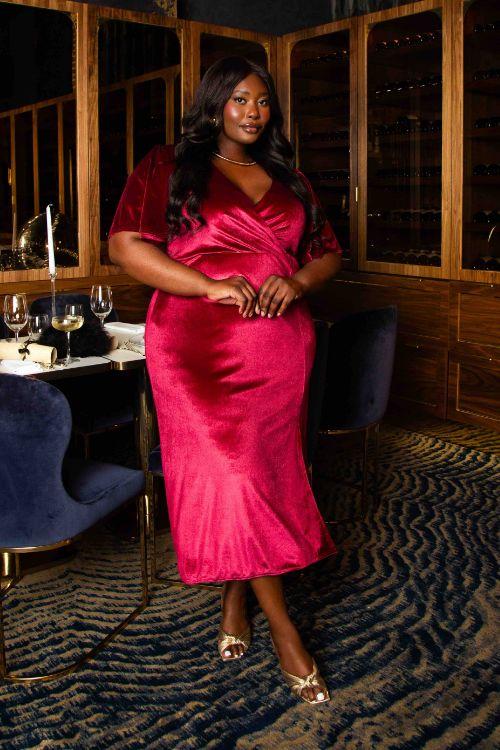 Curve Flutter Sleeve Wrap Velvet Burgundy Midi Dress by FASHION-SZN