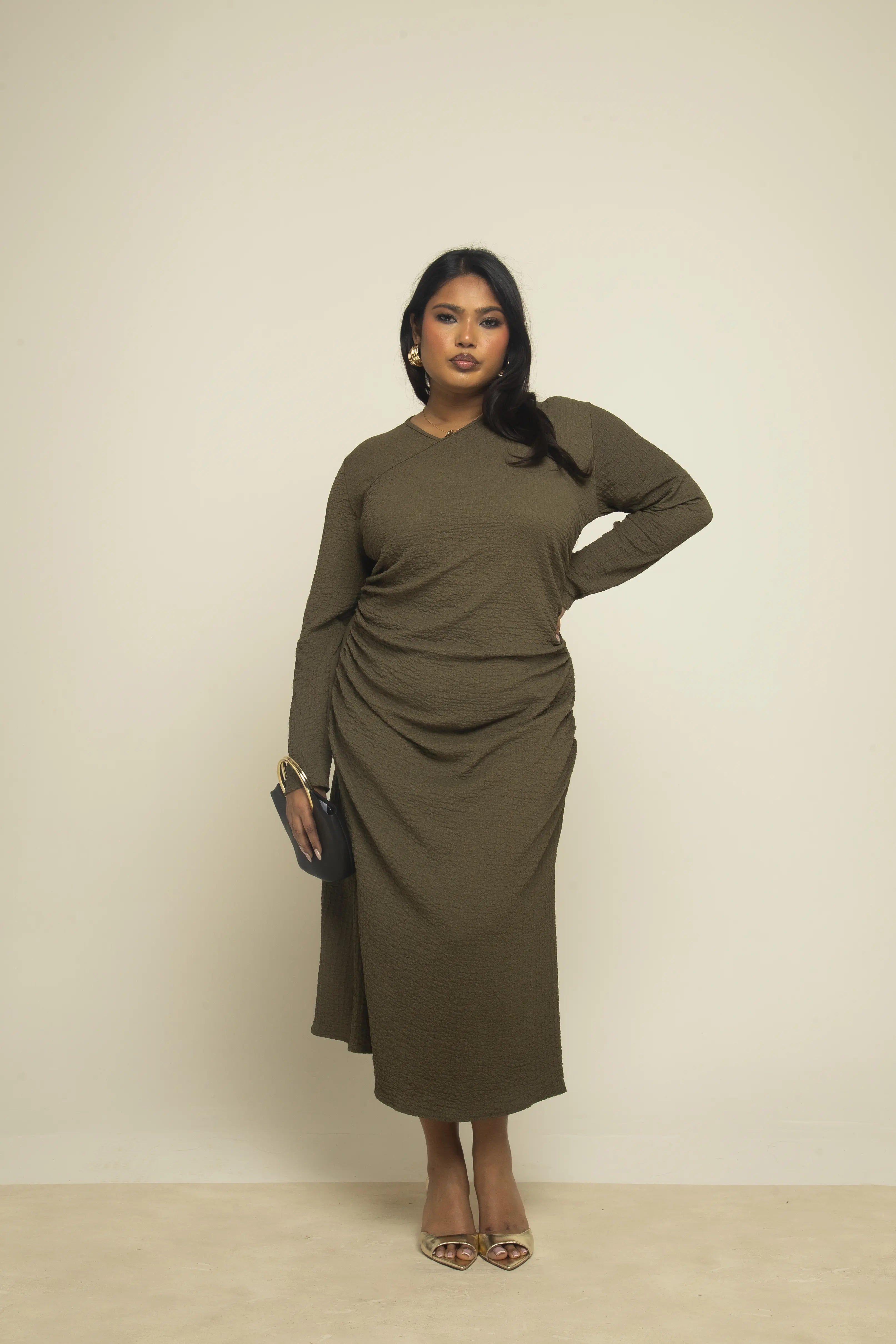 Curve Khaki Textured Wrap Top Long Sleeve Midaxi Dress by FASHION-SZN