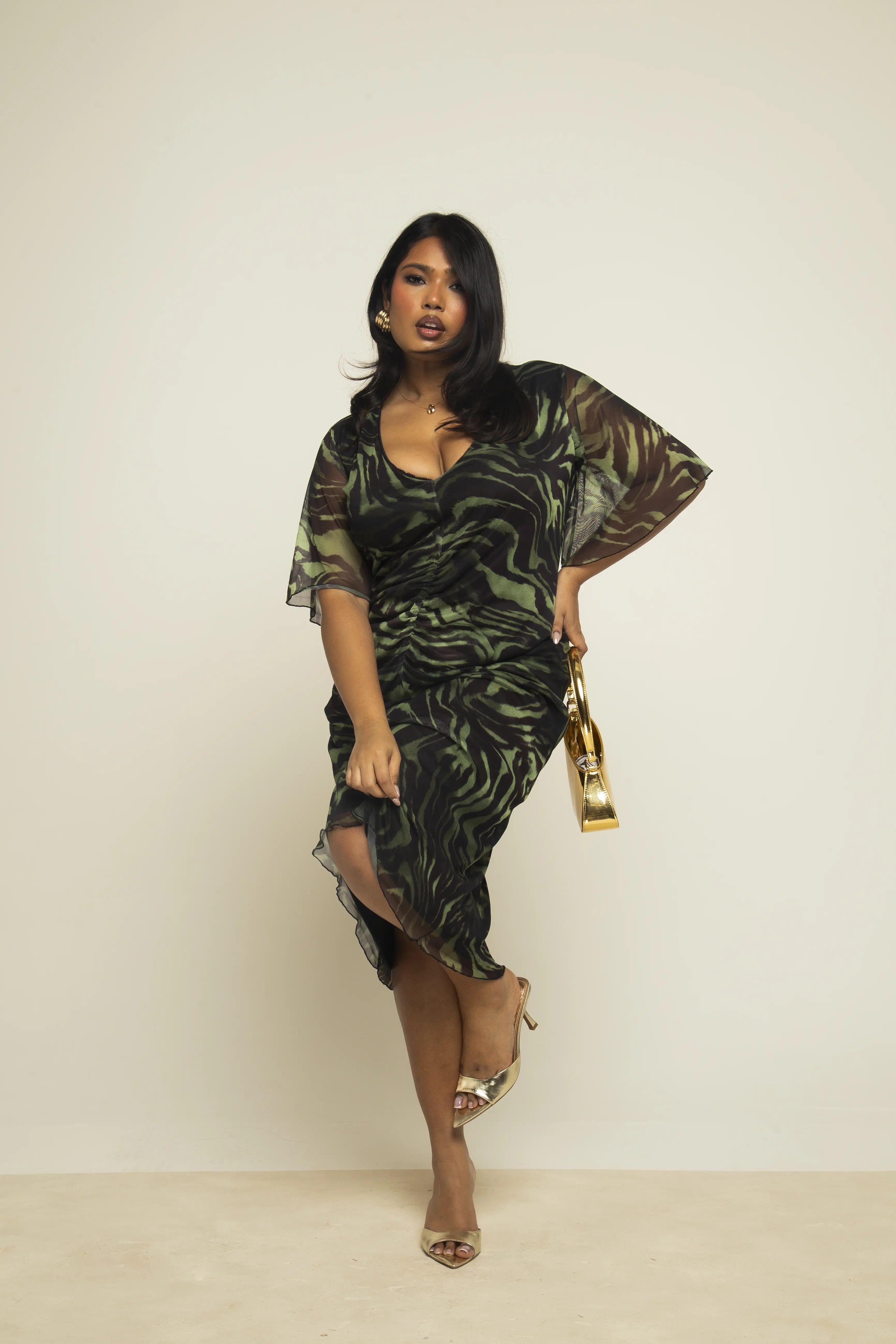 Curve Khaki Zebra Ruched Front Flutter Sleeve Midi Dress by FASHION-SZN