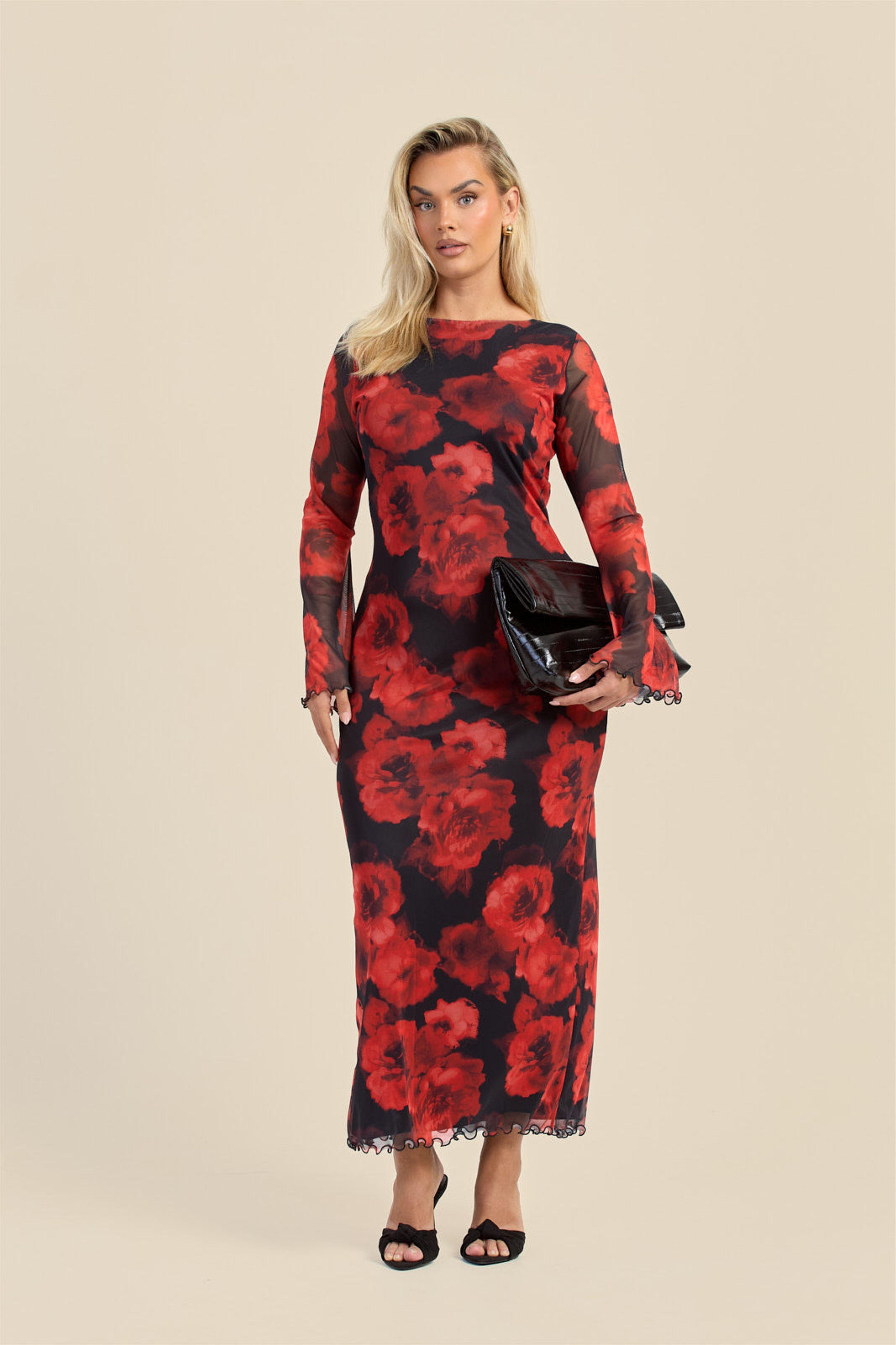 Curve Large Floral Flare Sleeve Mesh Maxi Dress by FASHION-SZN