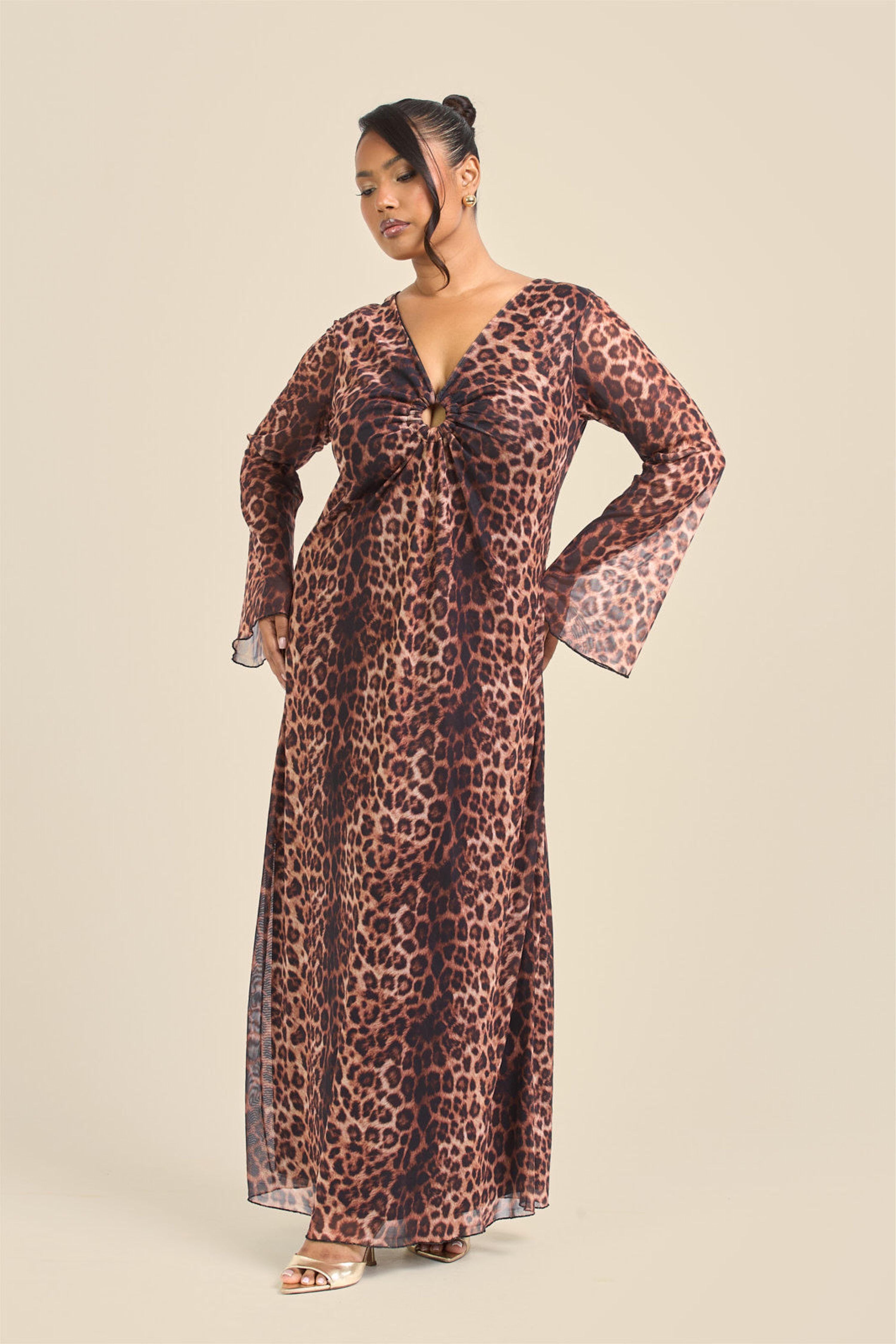 Curve Leopard Print Trim Detail Flare Sleeve Midi Dress by FASHION-SZN