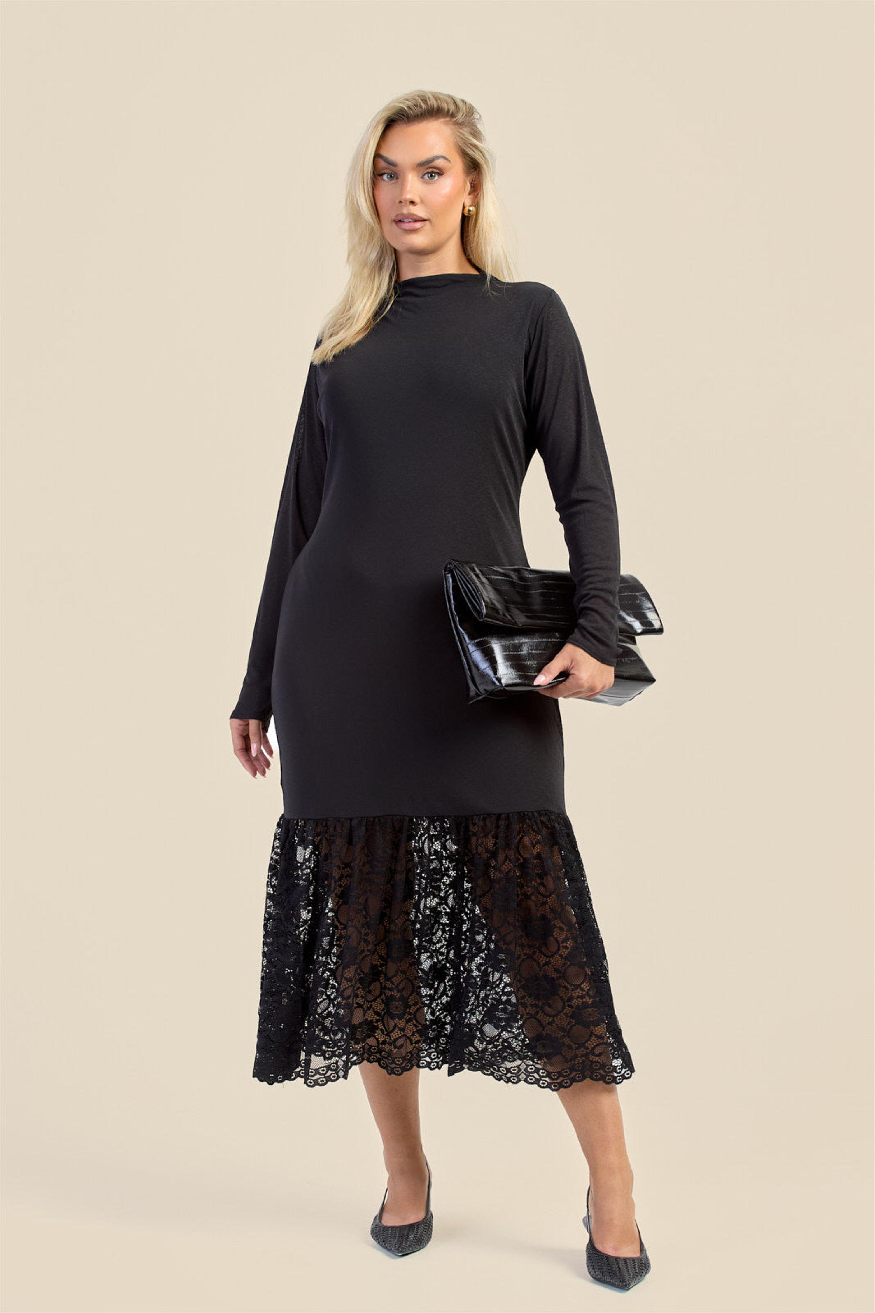 Curve Long Sleeve Drop Hem Dress With Lace by FASHION-SZN Curve Long Sleeve Drop Hem Dress With Lace by FASHION-SZN