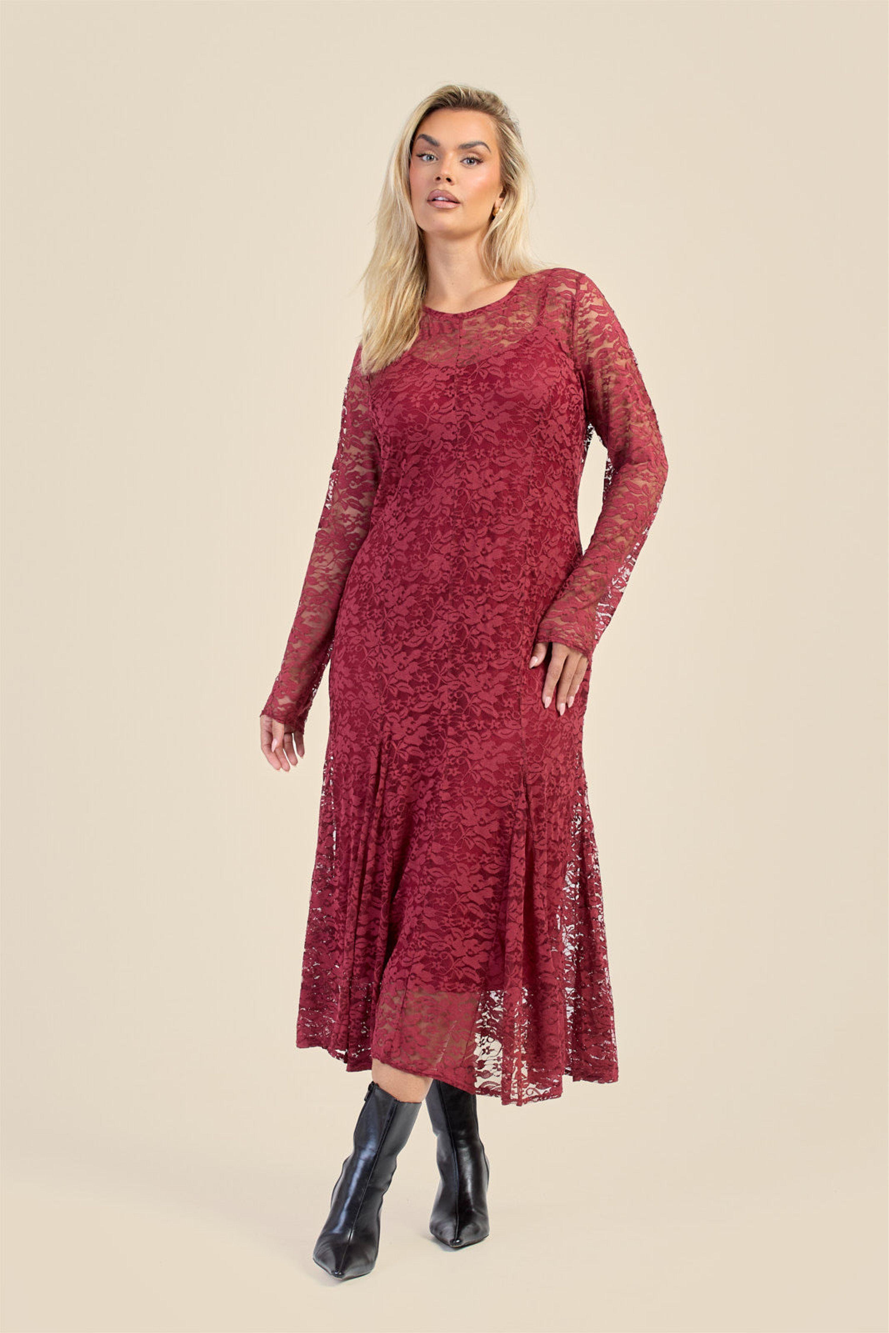 Curve Long Sleeve Lace Godet Hem Midaxi Dress by FASHION-SZN