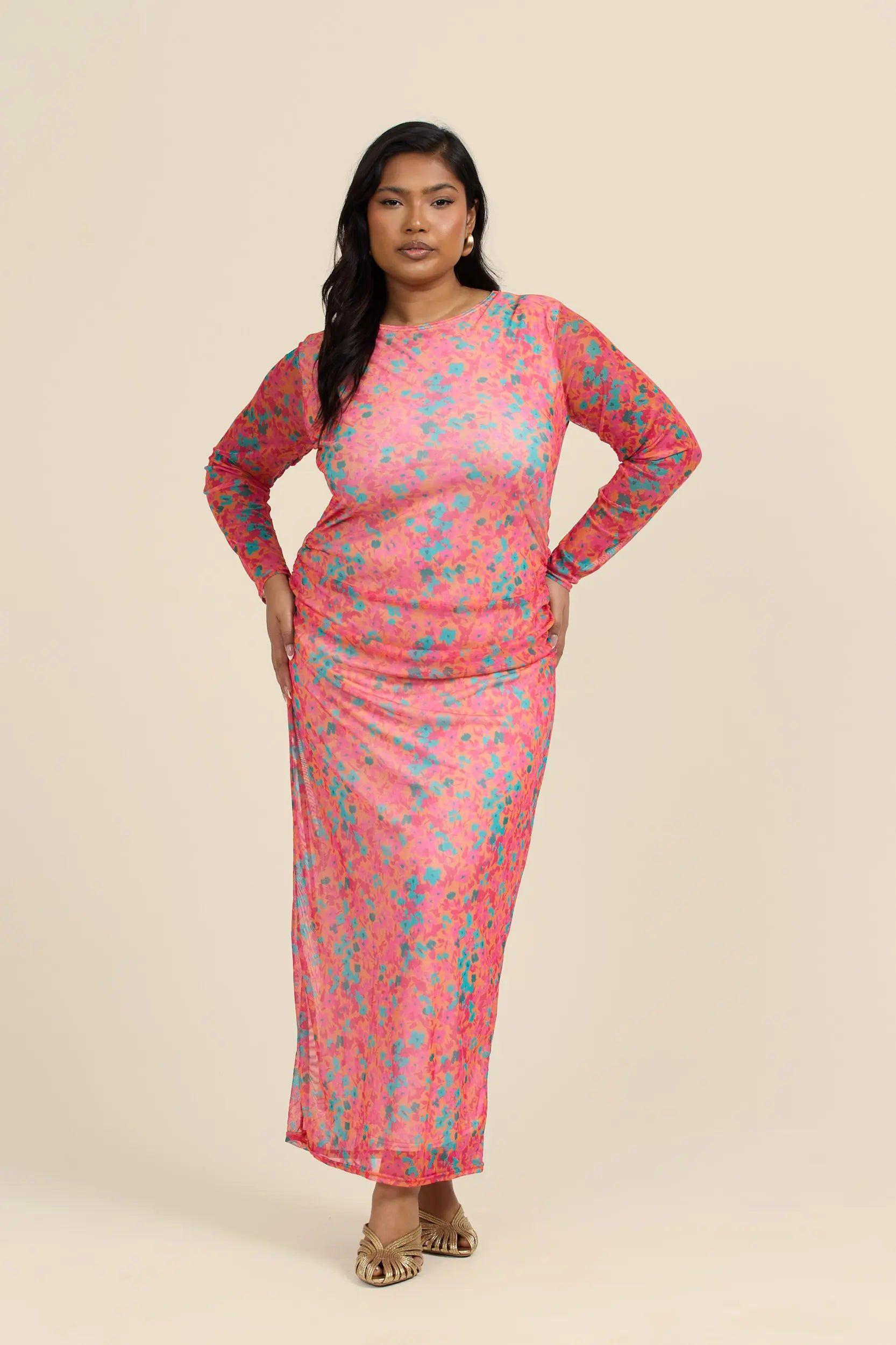 Curve Mesh Long Sleeve Midaxi Dress In Bright Coral Floral Print by FASHION-SZN