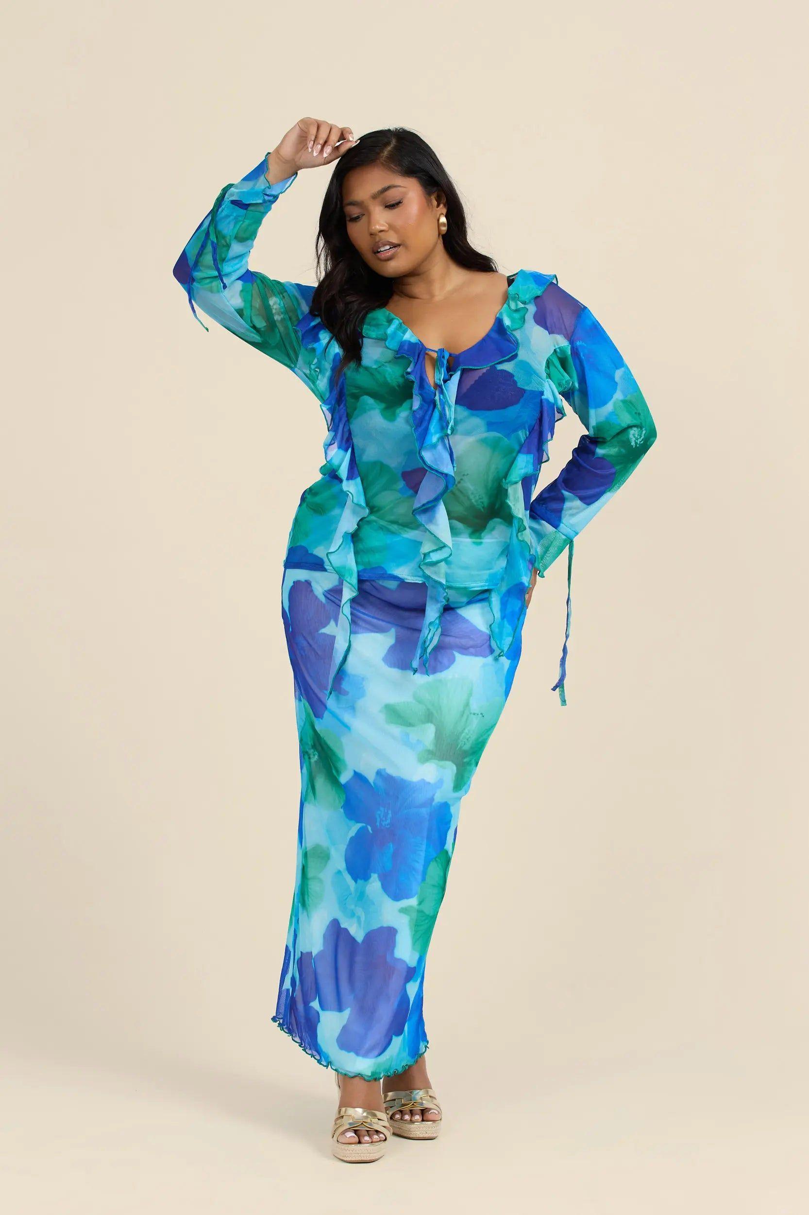 Curve Mesh Maxi Skirt In Blue Floral by FASHION-SZN