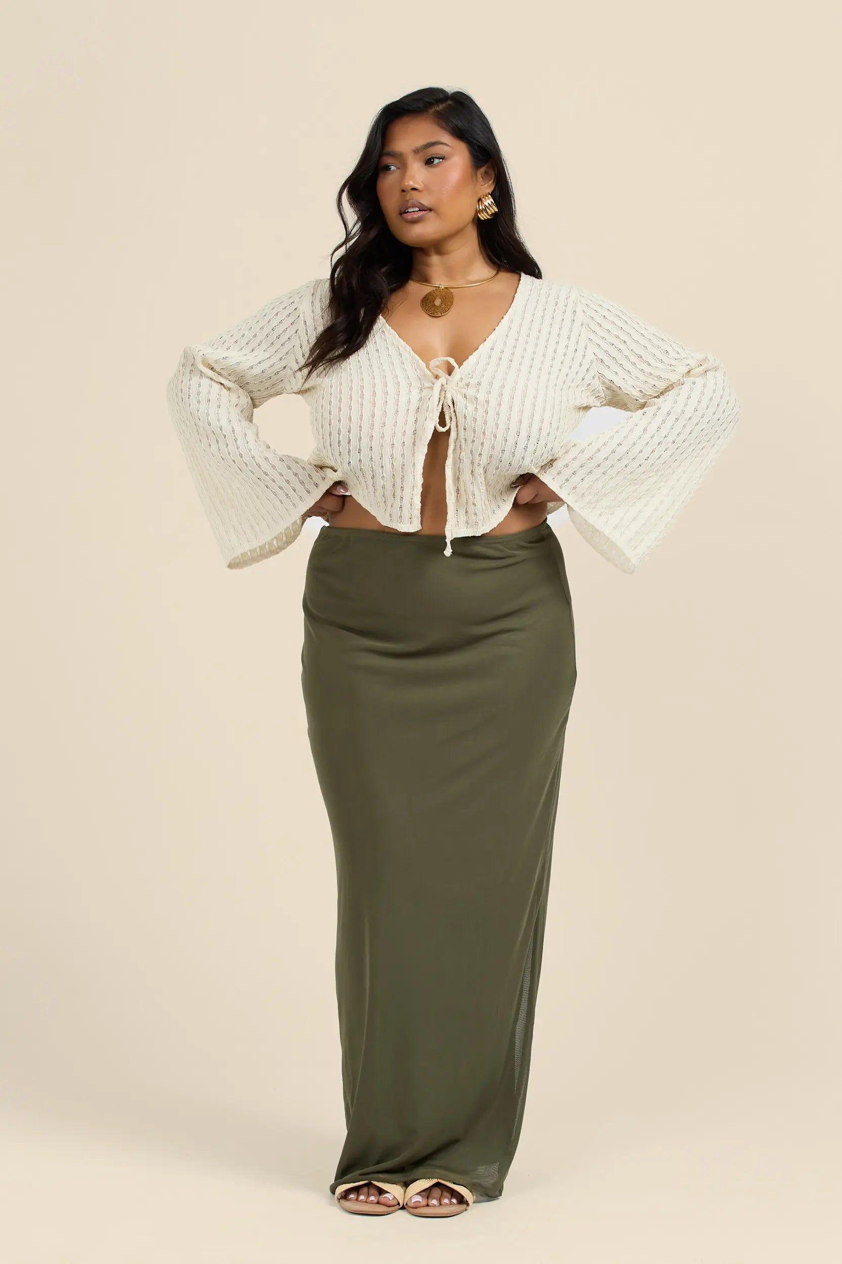 Curve Mesh Straight Fit Maxi Skirt In Khaki by FASHION-SZN