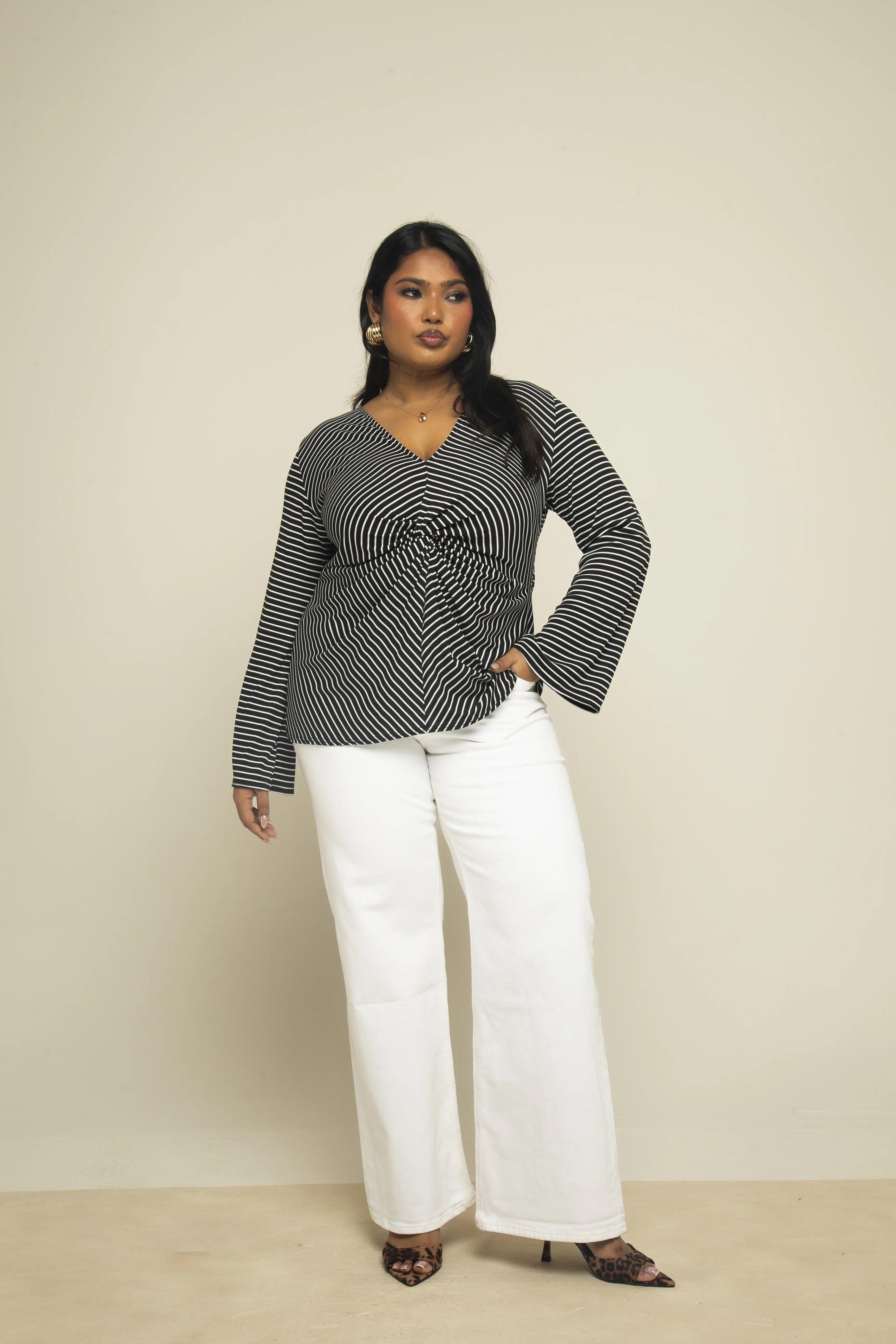 Curve Monochrome Knitted Stripe Twist Front Flare Sleeve Top by FASHION-SZN