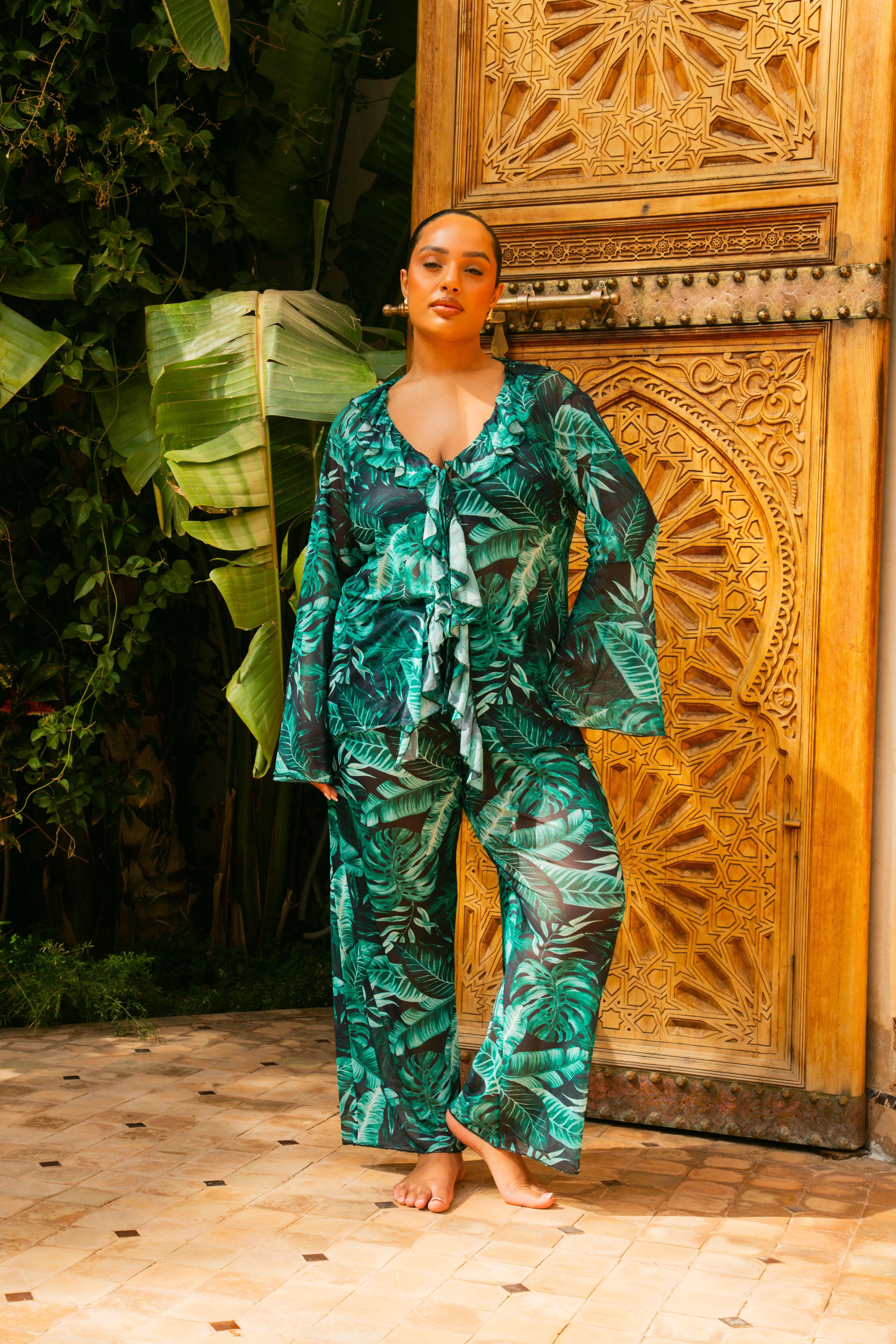 Curve Palm Print Wide Leg Resort Trouser by FASHION-SZN