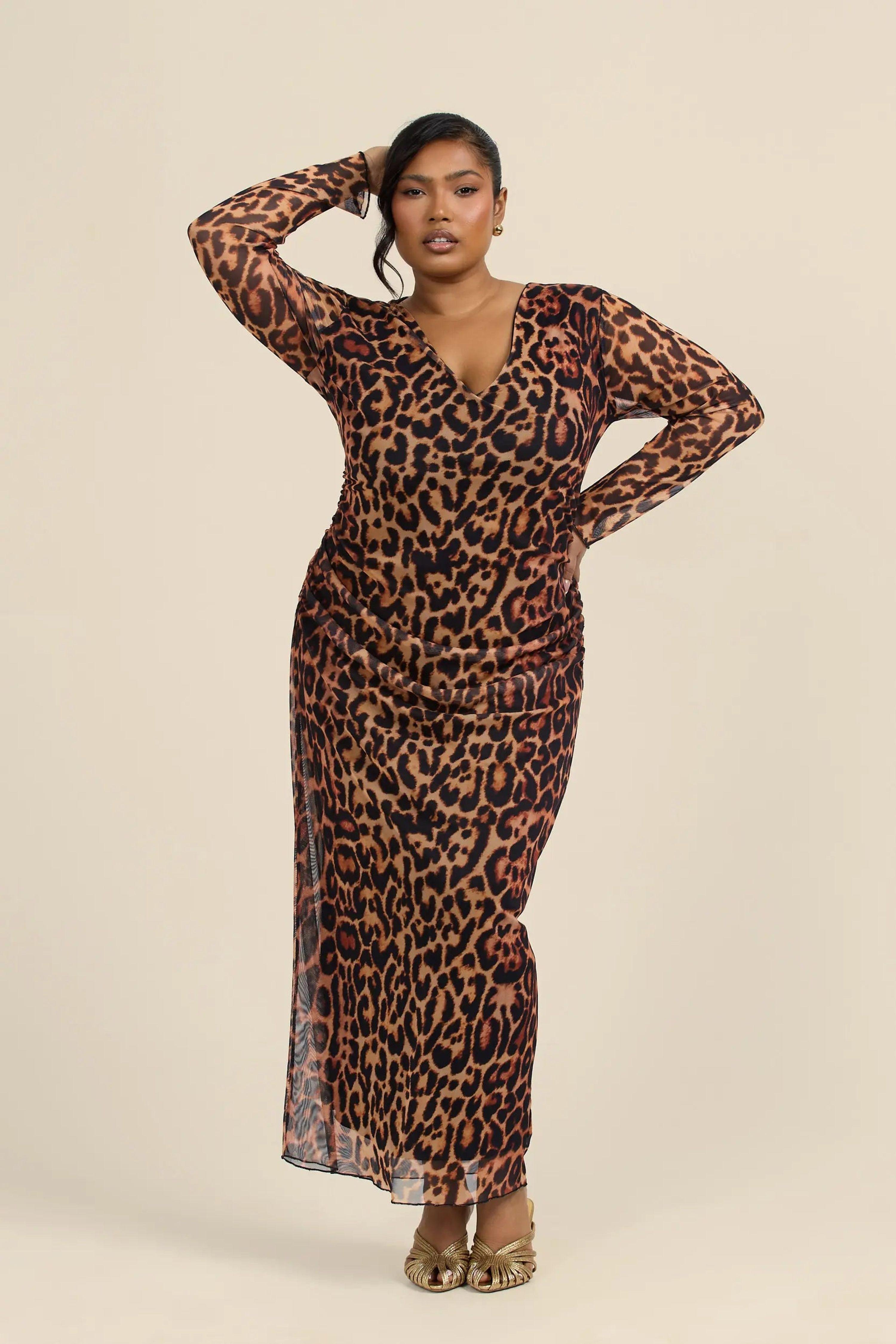 Curve Plunge Neck Leopard Print Ruched Mesh Midaxi Dress by FASHION-SZN