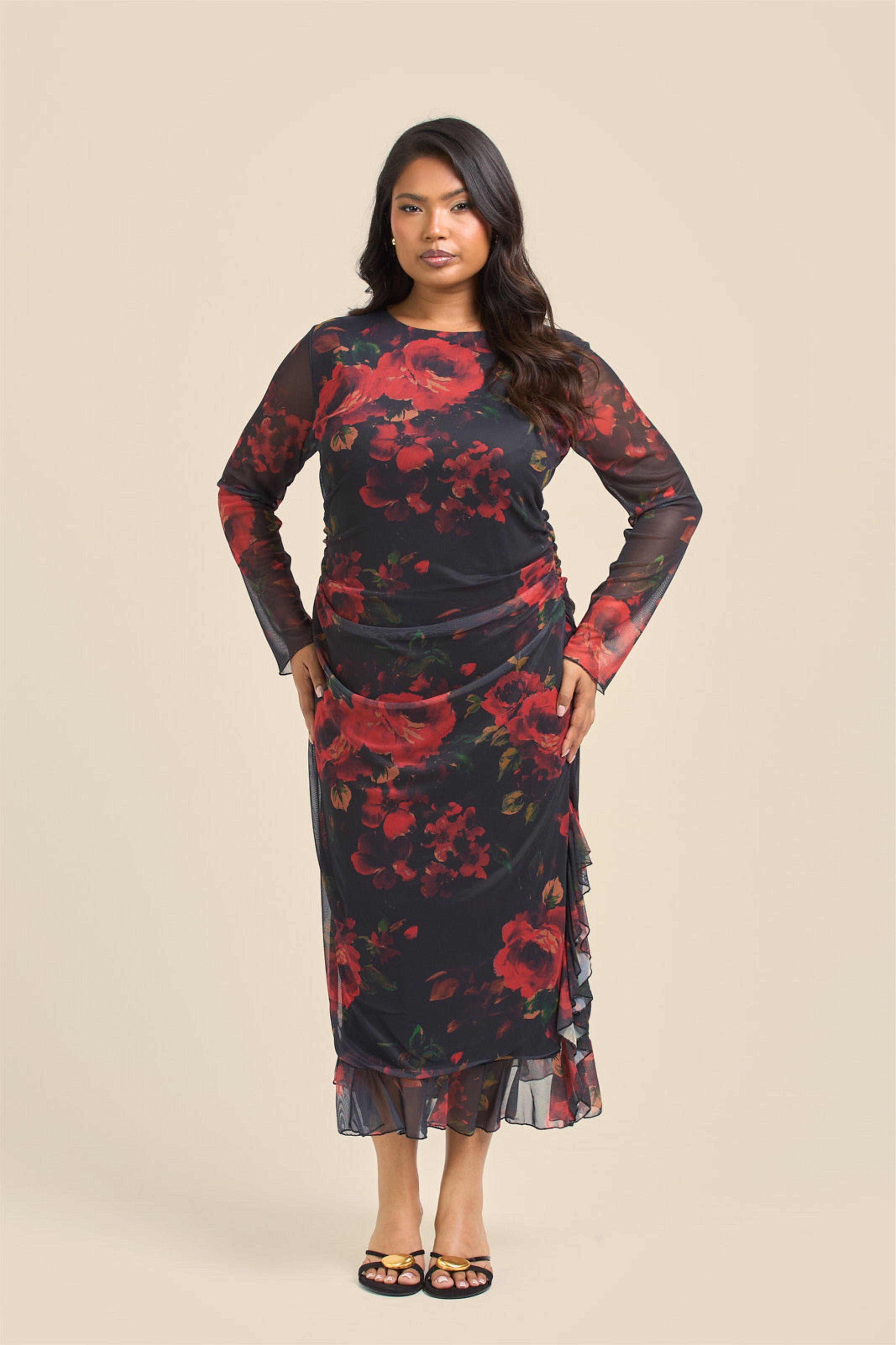 Curve Rose Print Ruffle Hem Mesh Midi Dress by FASHION-SZN