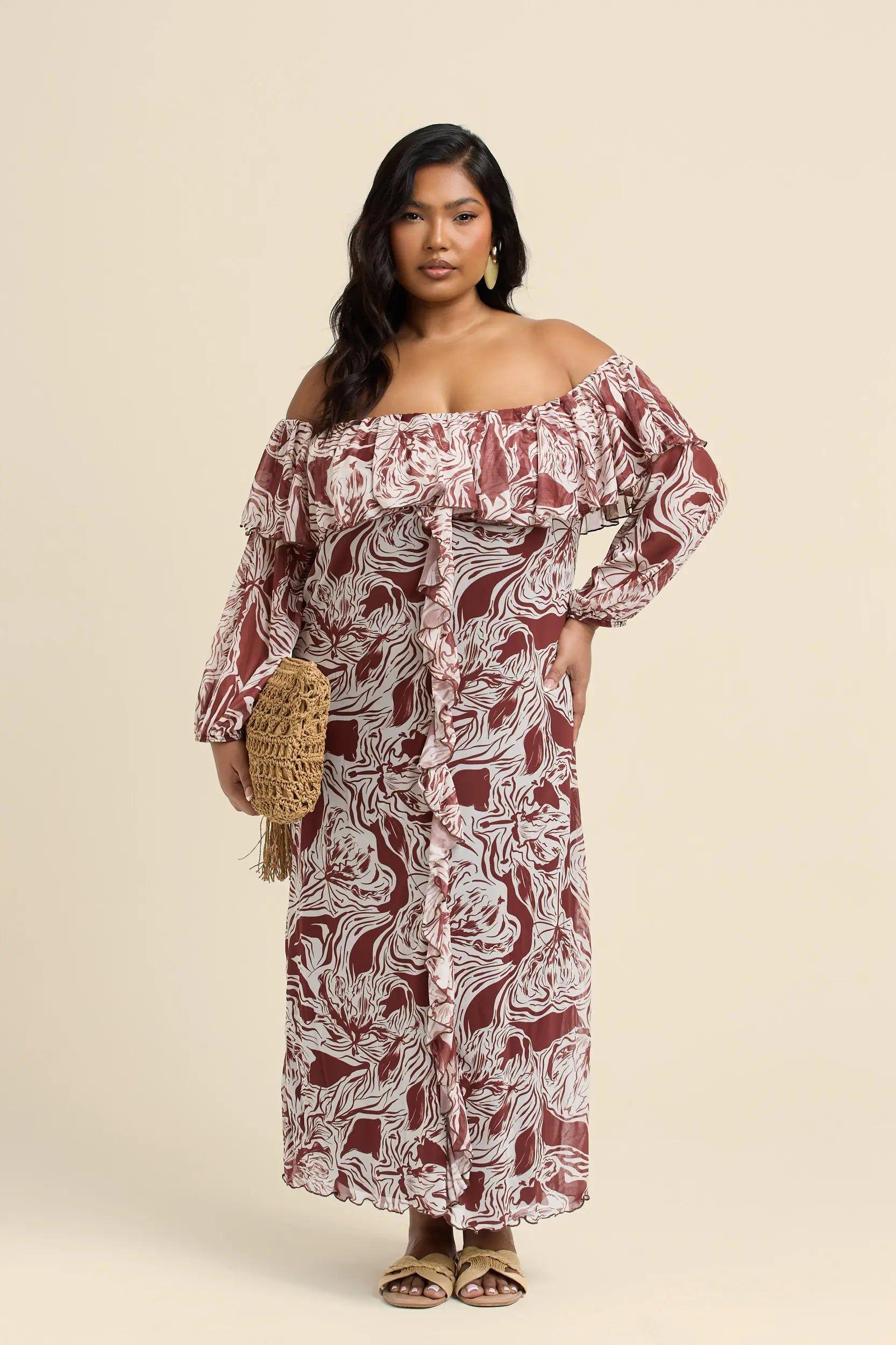 Curve Ruffle Bardot Abstract Floral Midaxi Dress by FASHION-SZN