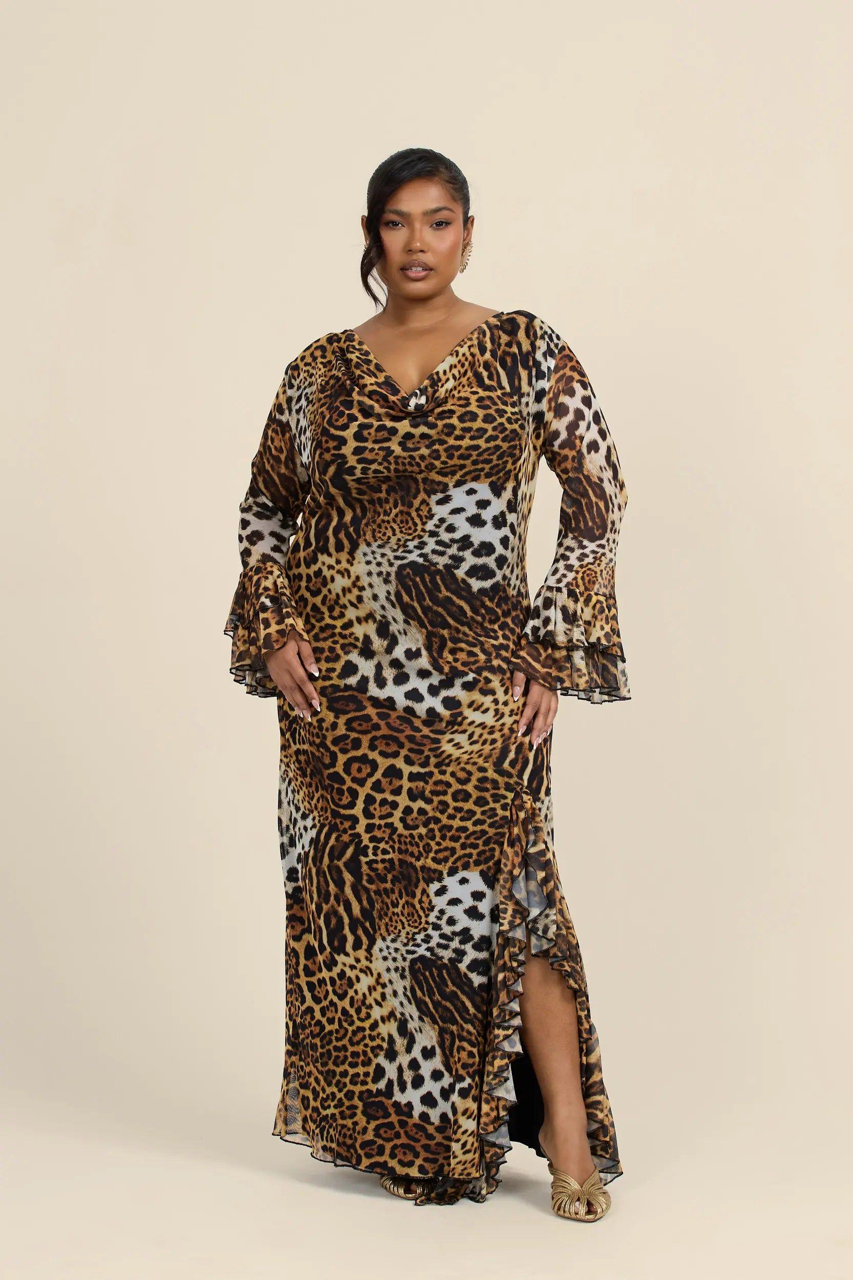 Curve Ruffle Cowl Neck Leopard Print Maxi Dress by FASHION-SZN