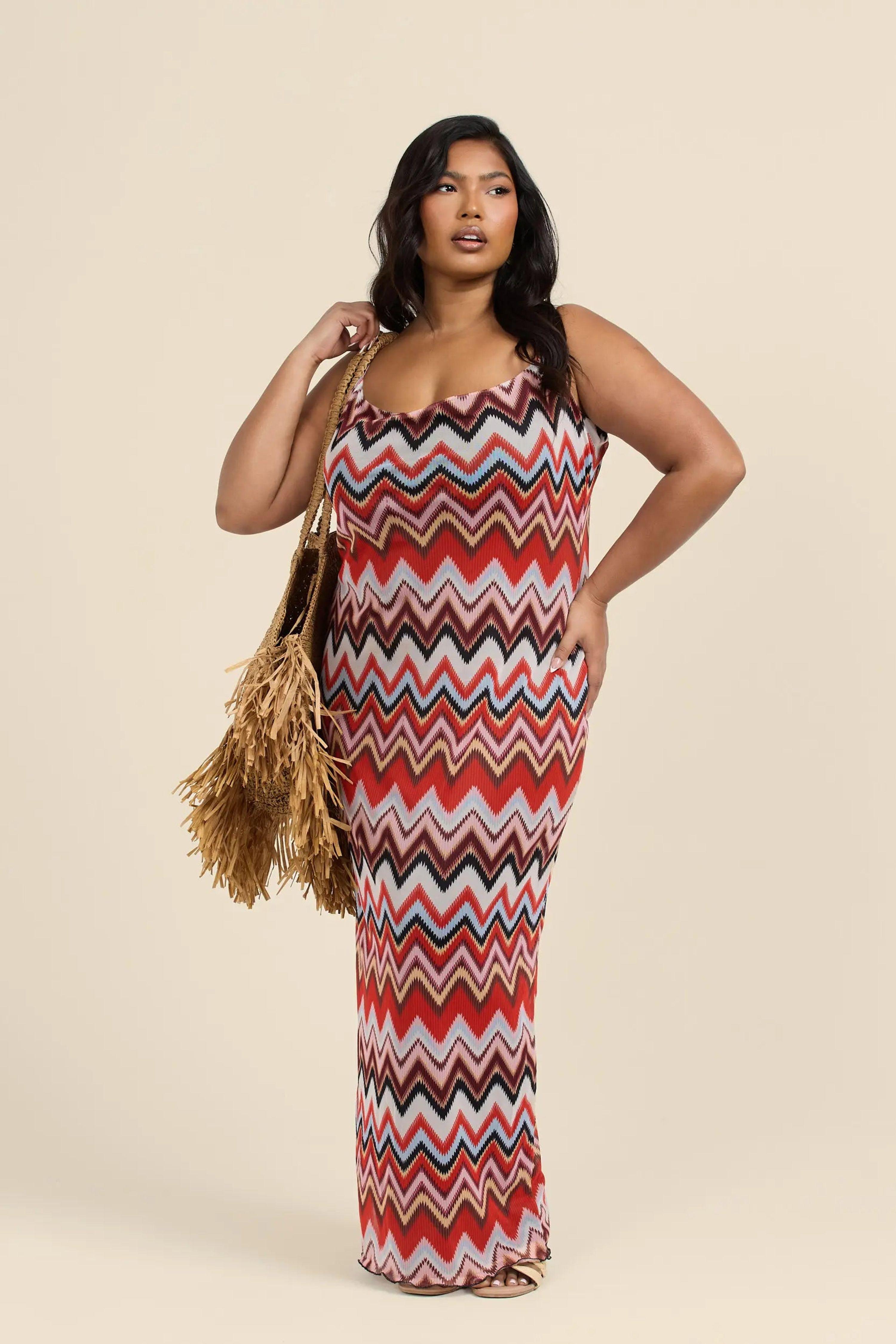 Curve Strappy Mesh Maxi Dress in Zig Zag Print by FASHION-SZN