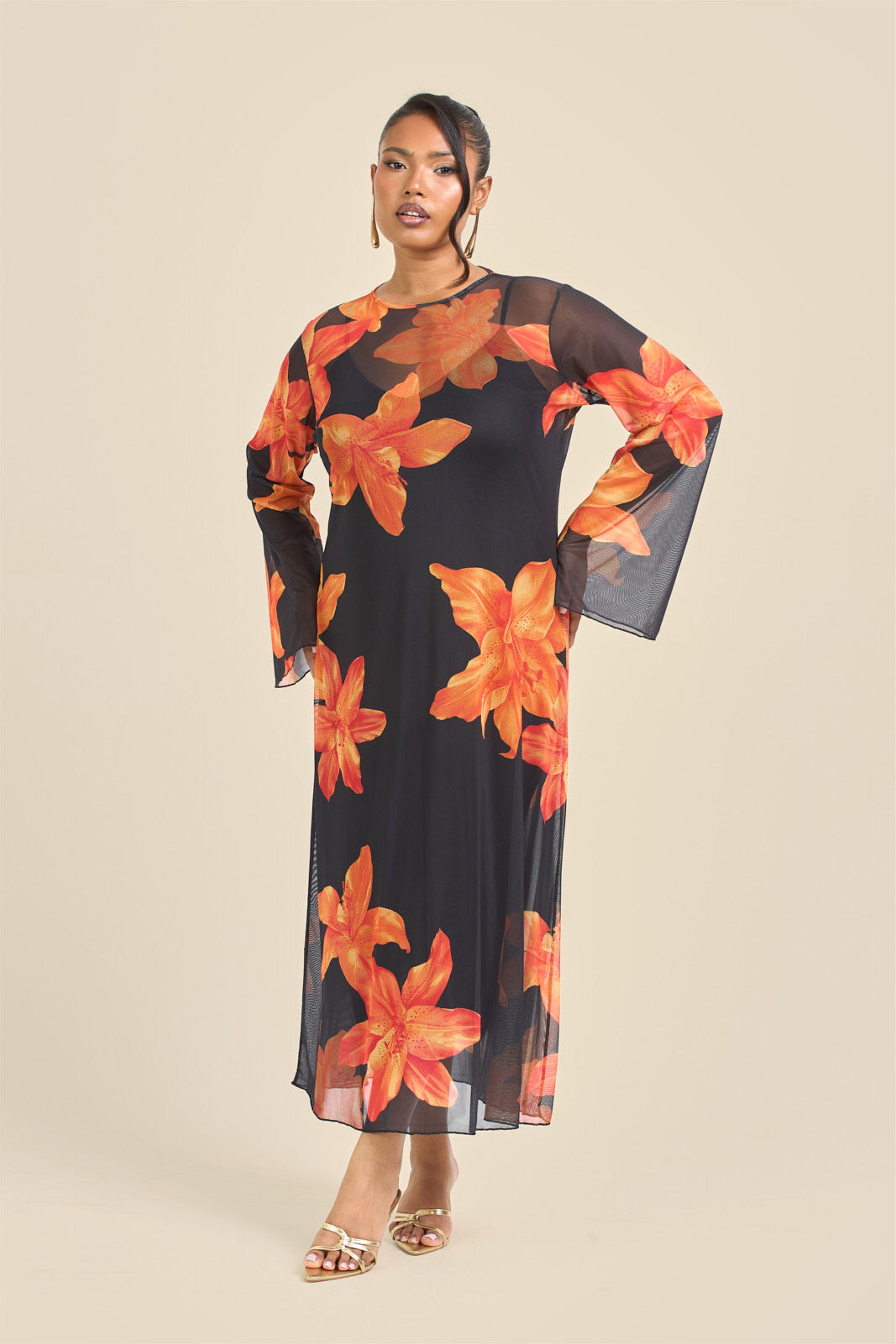 Curve Swing Style Bold Floral Mesh Midaxi Dress by FASHION-SZN