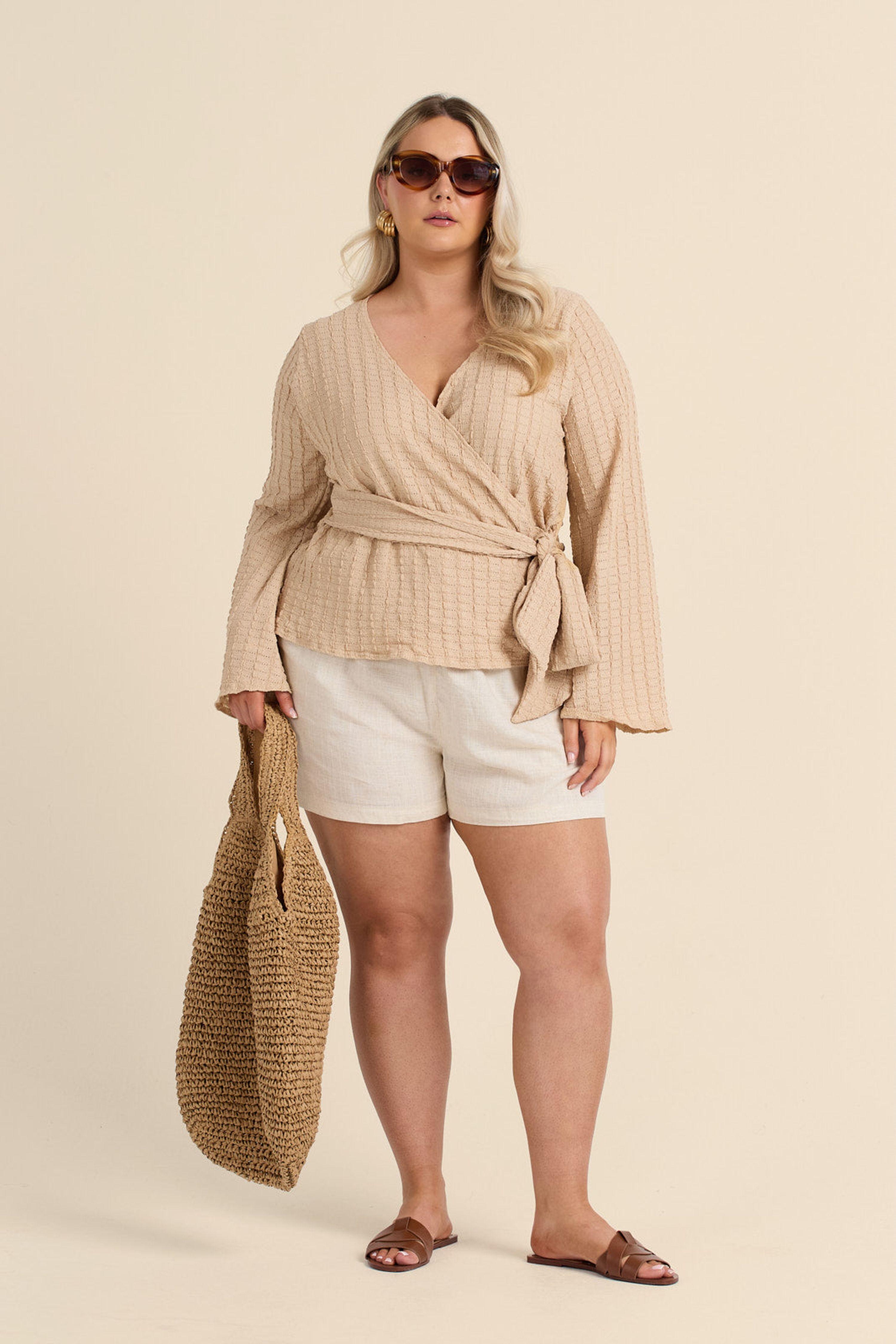 Curve Textured Kimono Wrap Front Flare Sleeve Belted Top by FASHION-SZN
