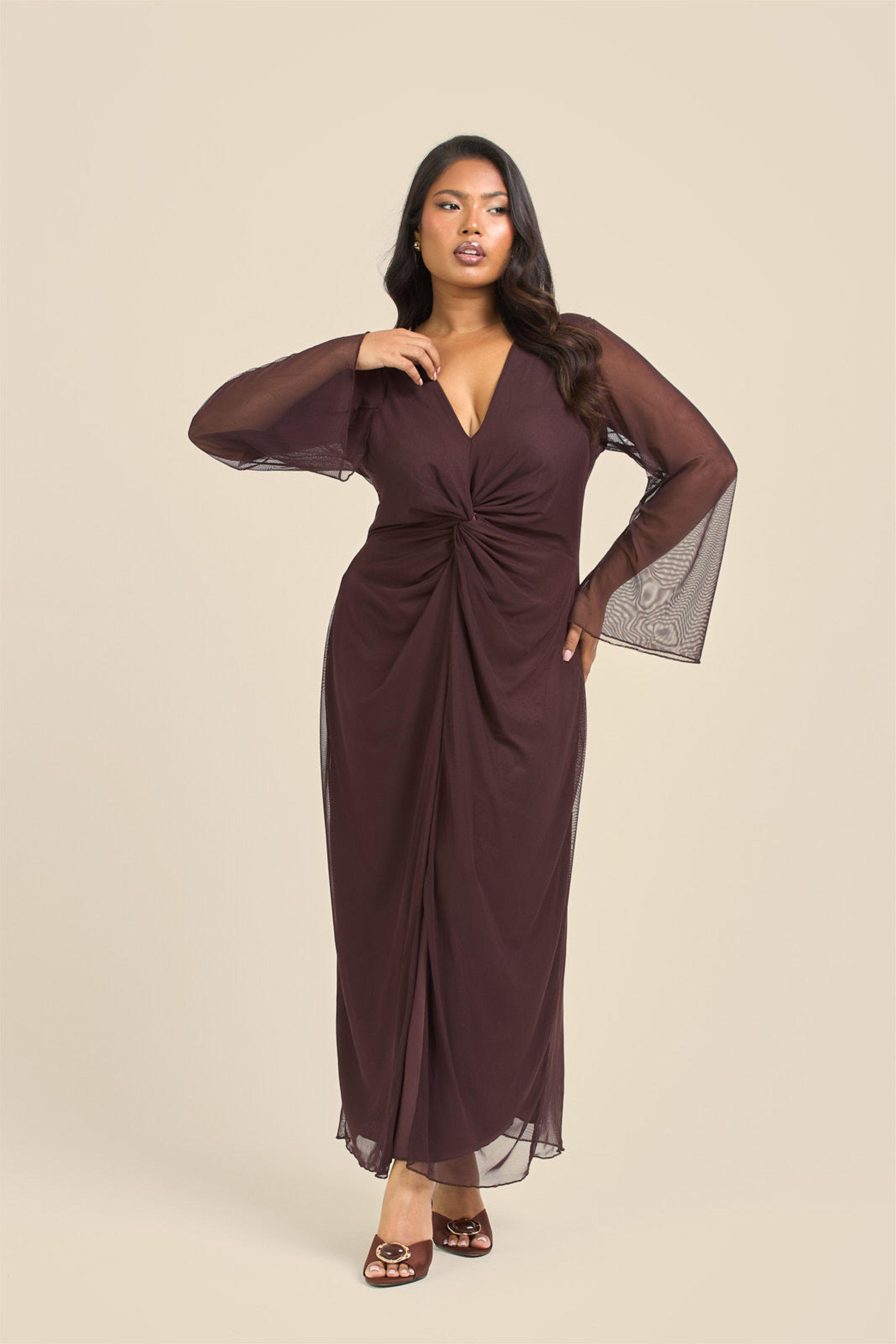 Curve Twist Front Plain Mesh Midaxi Dress by FASHION-SZN