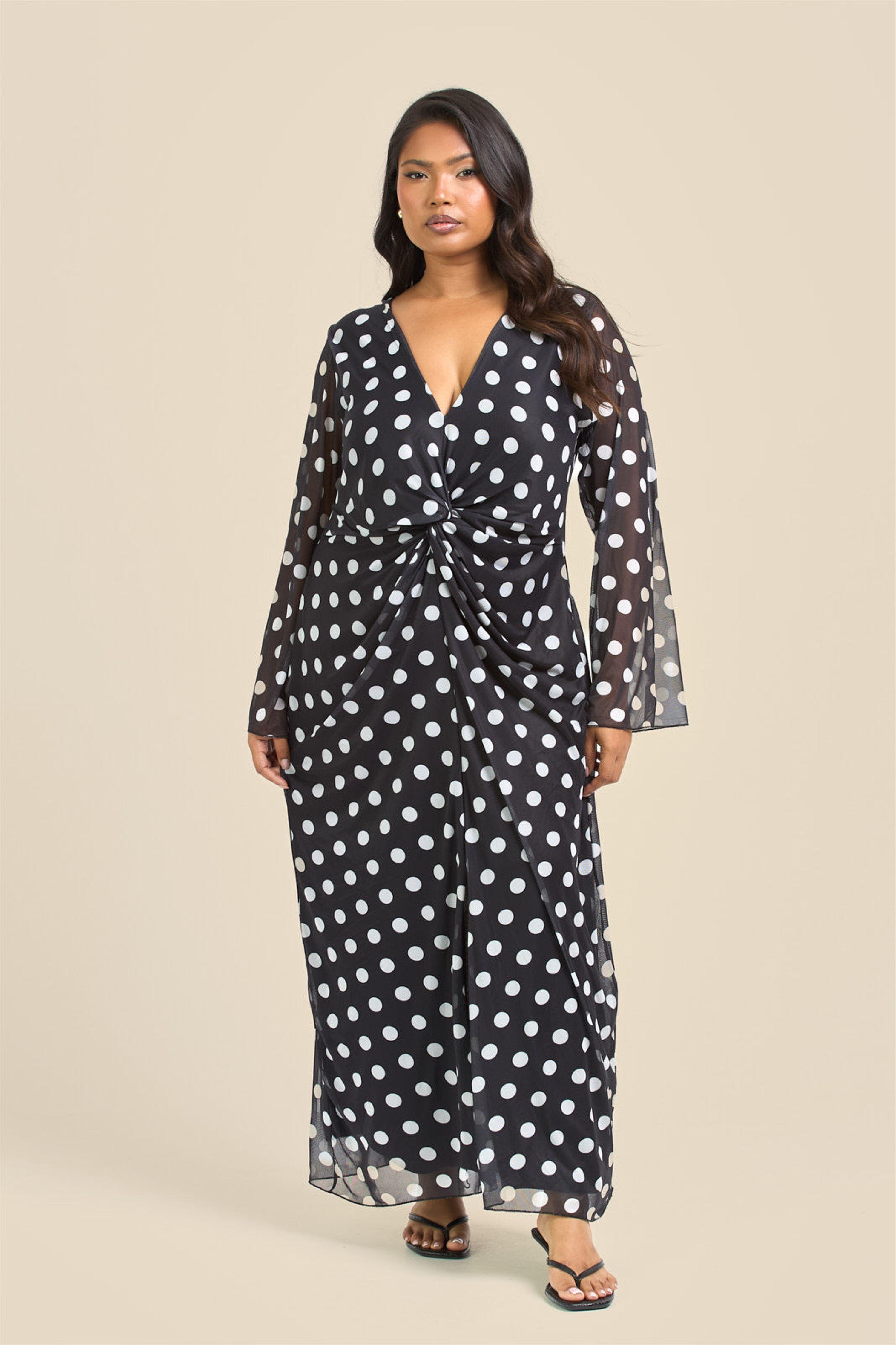 Curve Twist Front Polka Dot Mesh Midi Dress by FASHION-SZN