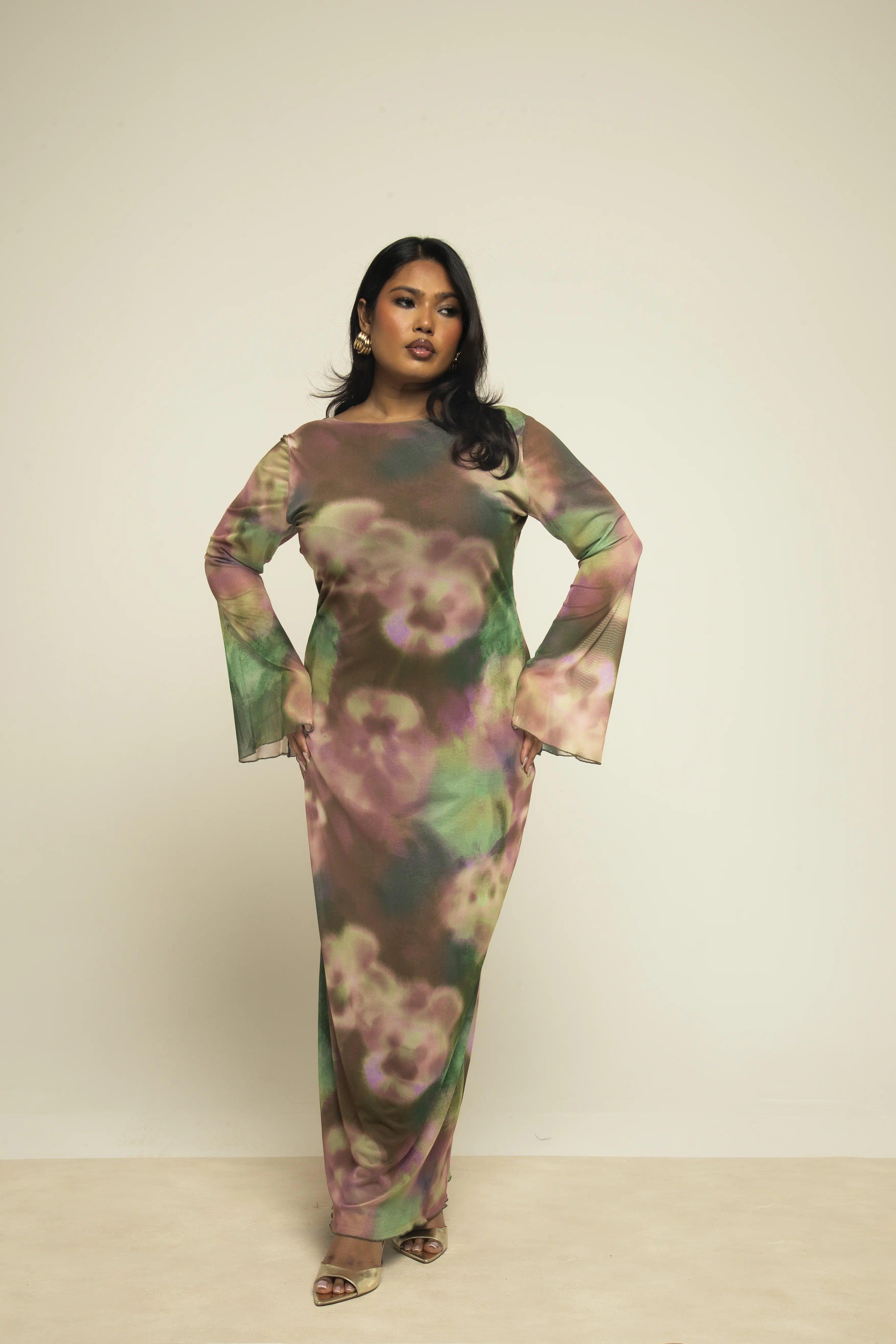 Curve Water Colour Floral Flare Sleeve Mesh Midaxi Dress by FASHION-SZN