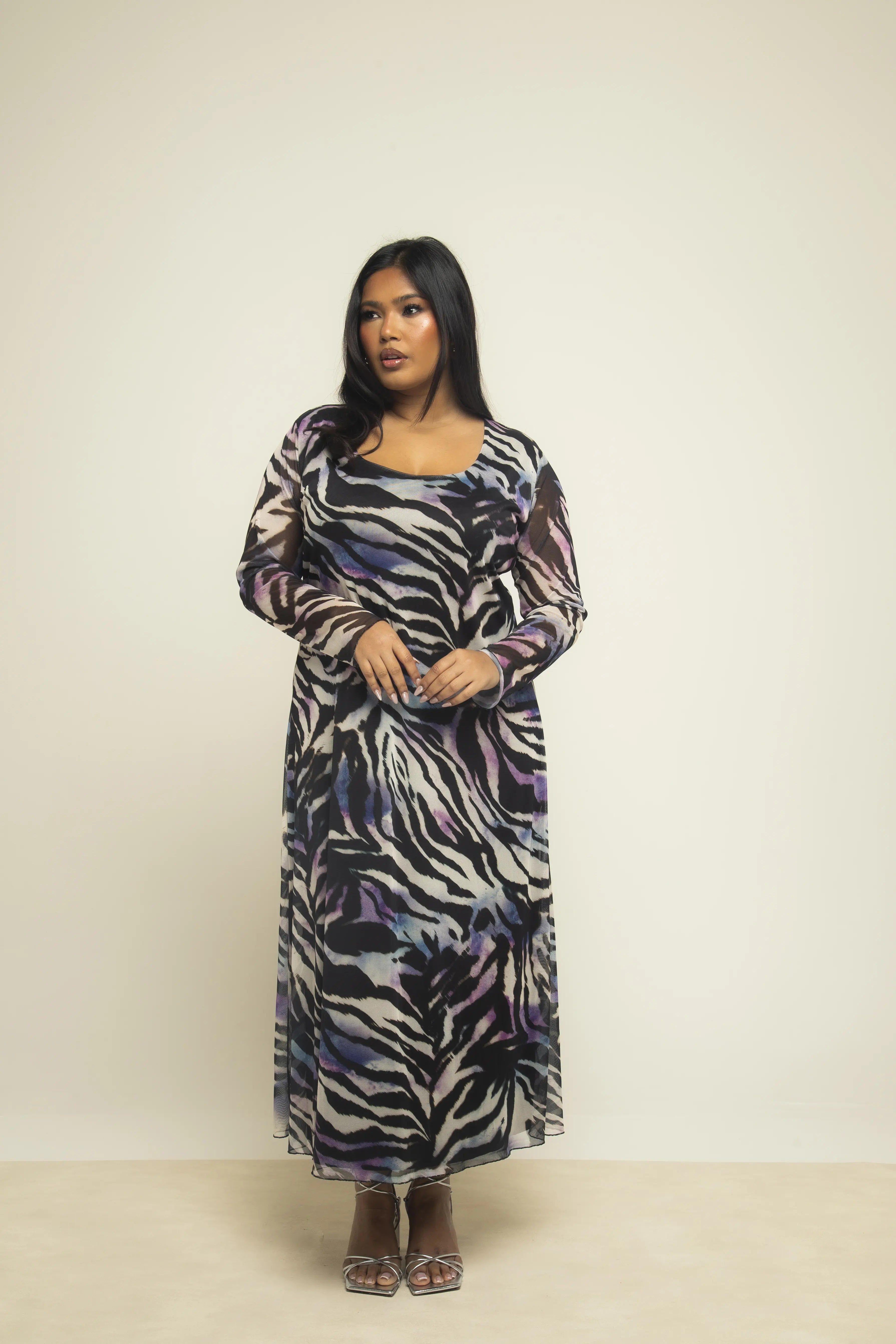 Curve Zebra Print Scoop Neck Flared Skirt Mesh Midaxi Dress by FASHION-SZN