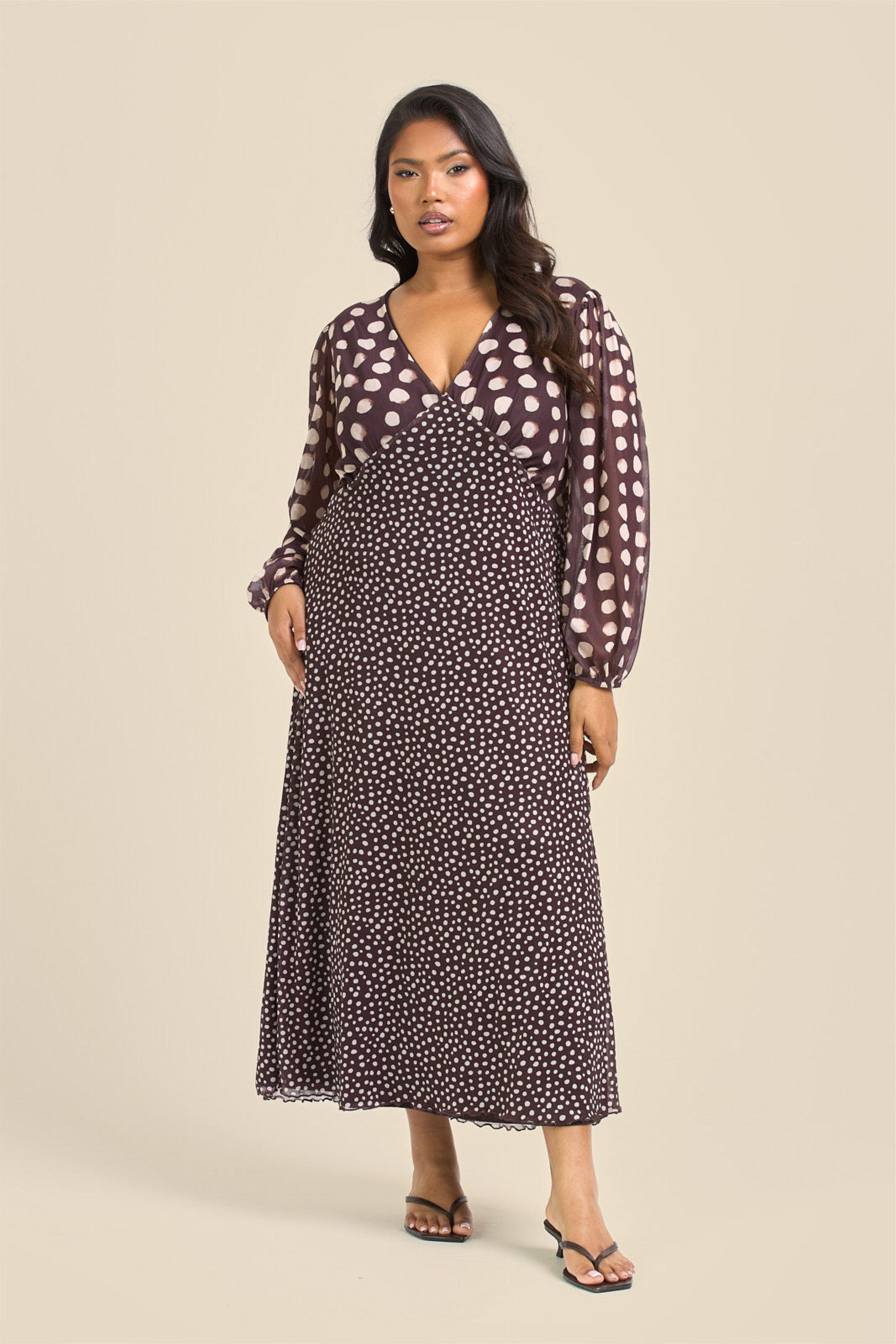 Plus Size Chocolate Polka Dot Balloon Sleeve Mesh Midi Dress by FASHION-SZN
