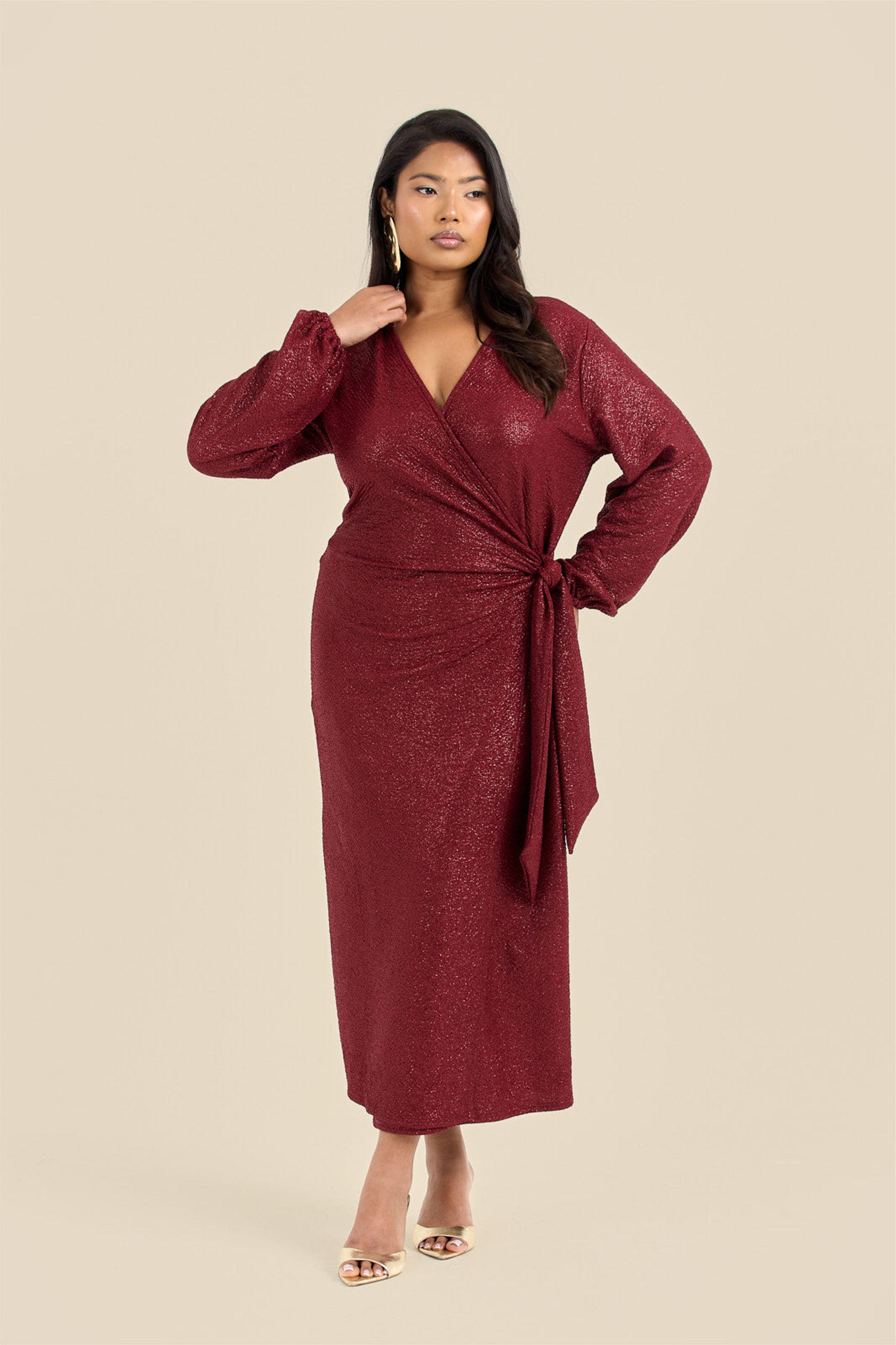 Plus Size Metallic Burgundy Wrap Front Midi Dress by FASHION-SZN