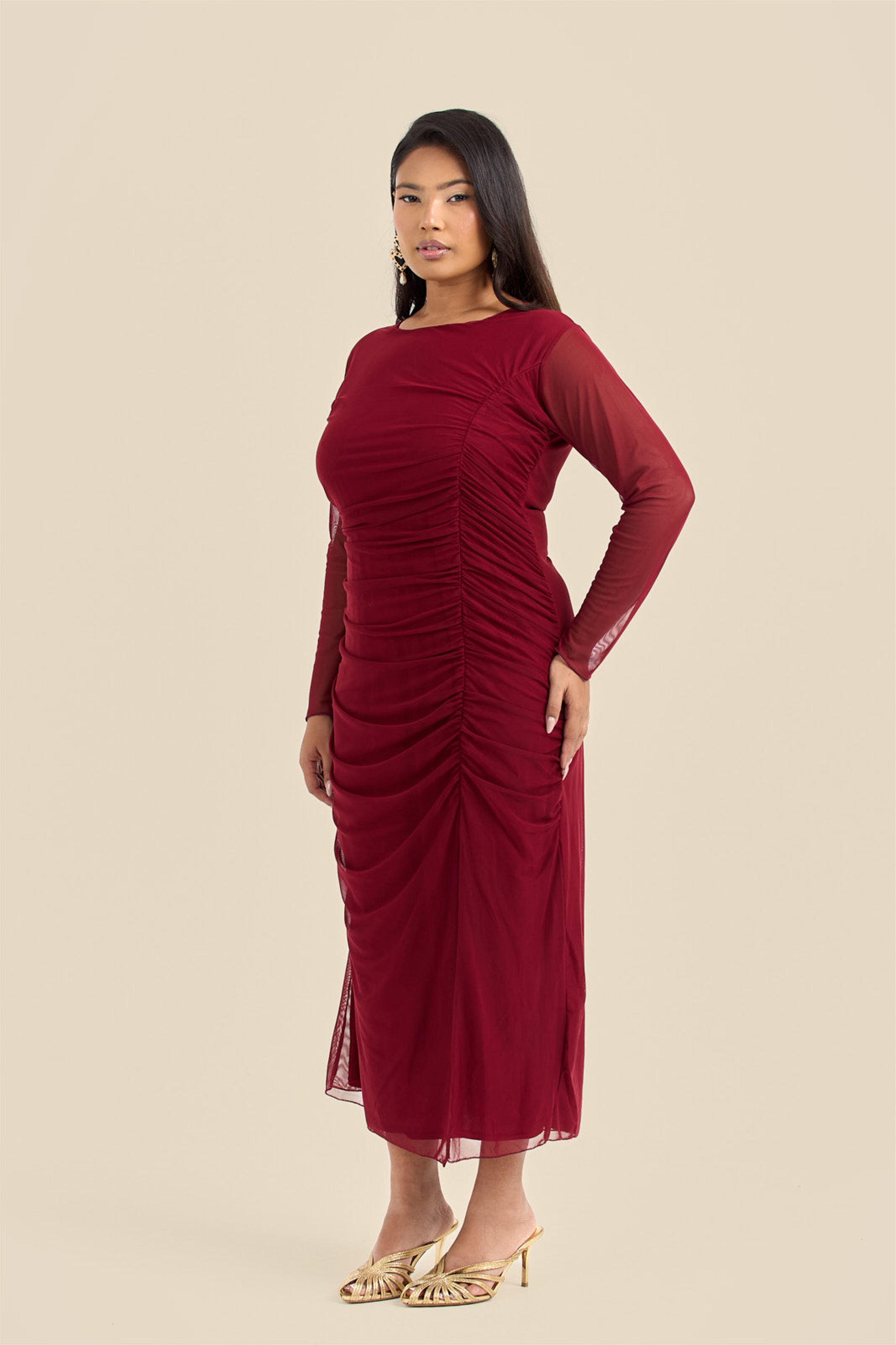 Plus Size Ruched Side Mesh Burgundy Midi Dress by FASHION-SZN