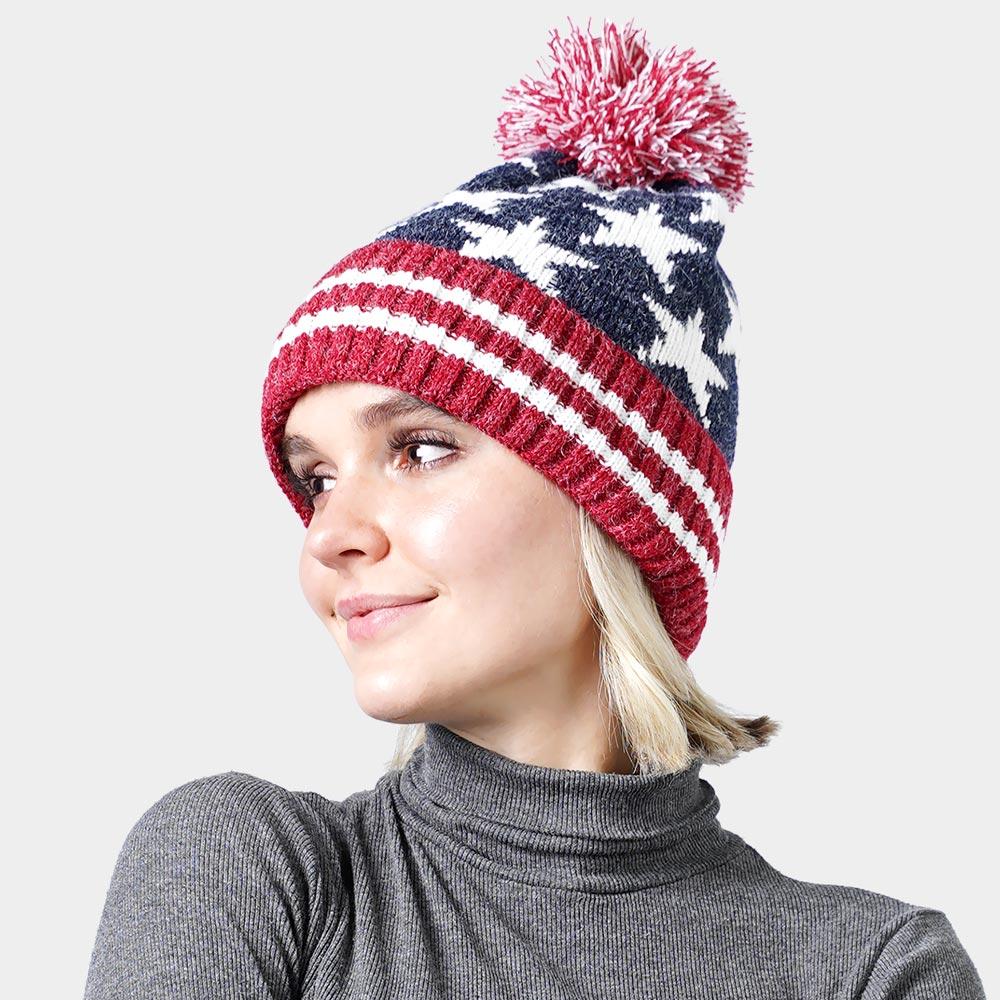 Pom Pom American USA Flag Knit Beanie Hat by FASHNZFAB