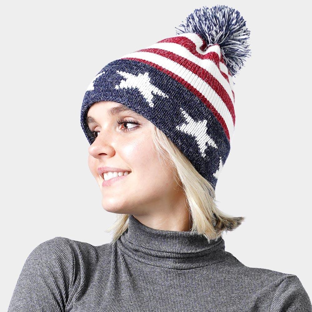 Pom Pom American USA Flag Knit Beanie Hat by FASHNZFAB