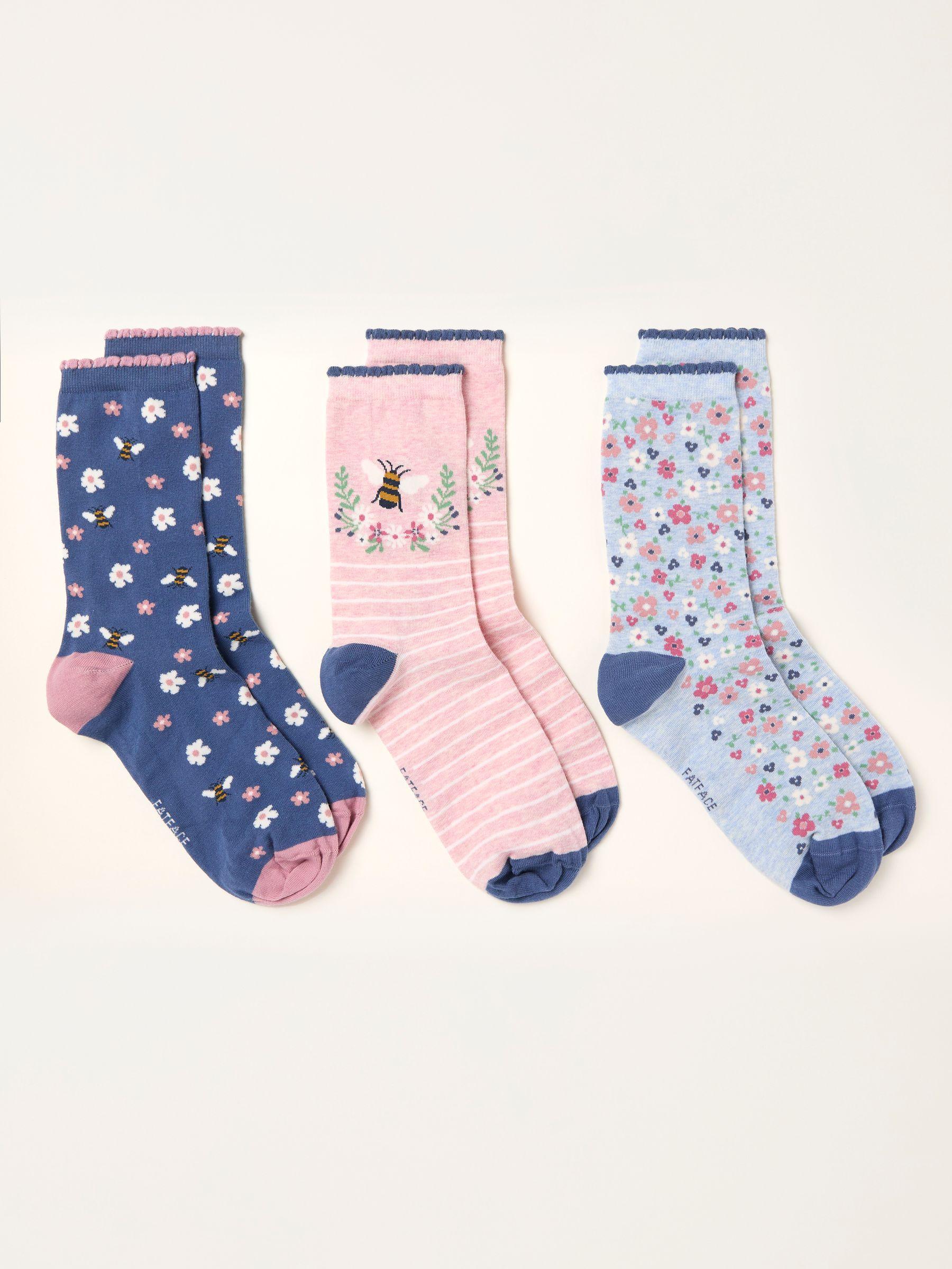 Blue 3 Pack Mum Floral Socks in Box by FAT FACE