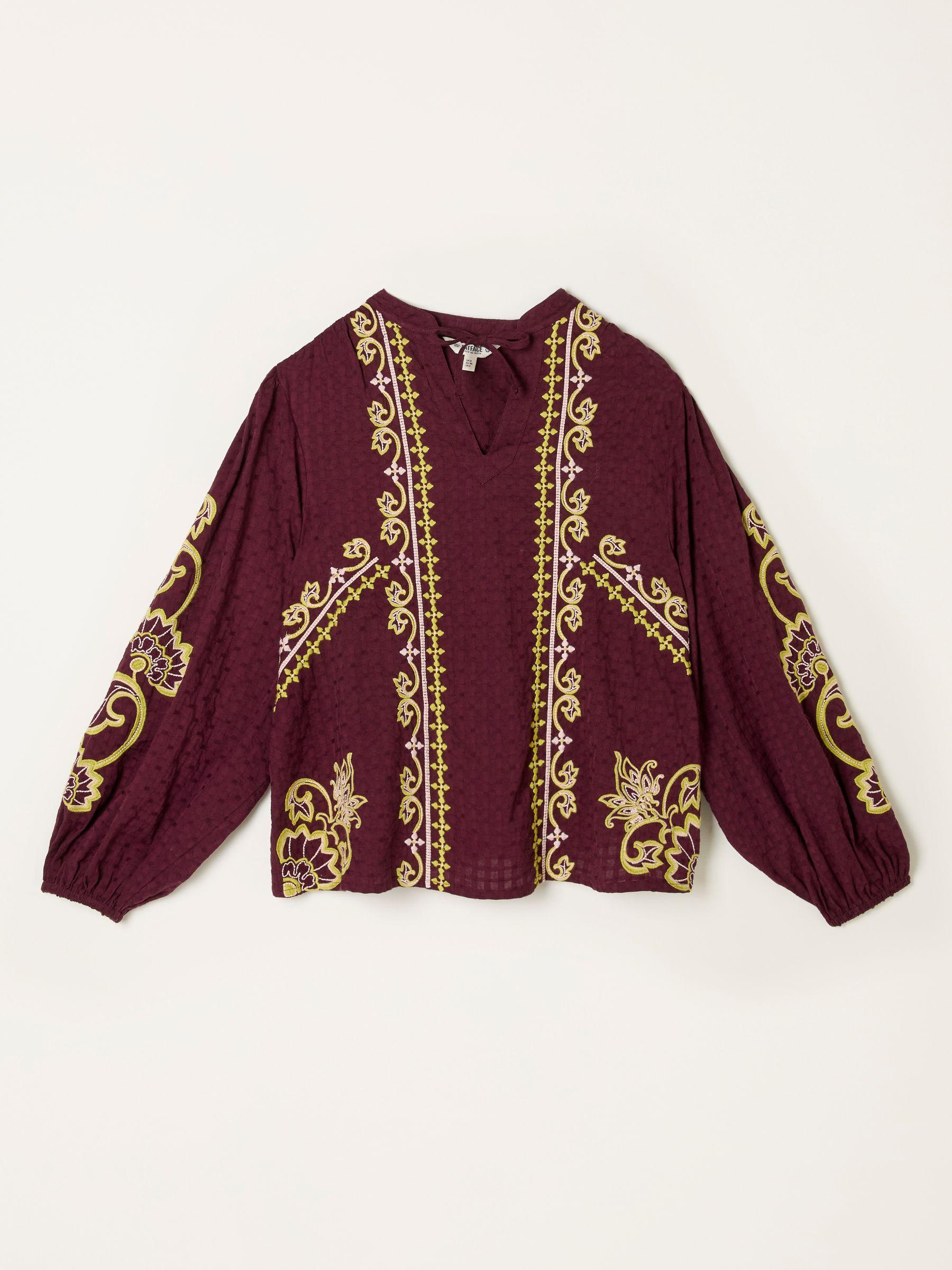 Burgundy Red Garratt Embroidered V-neck Blouse by FAT FACE