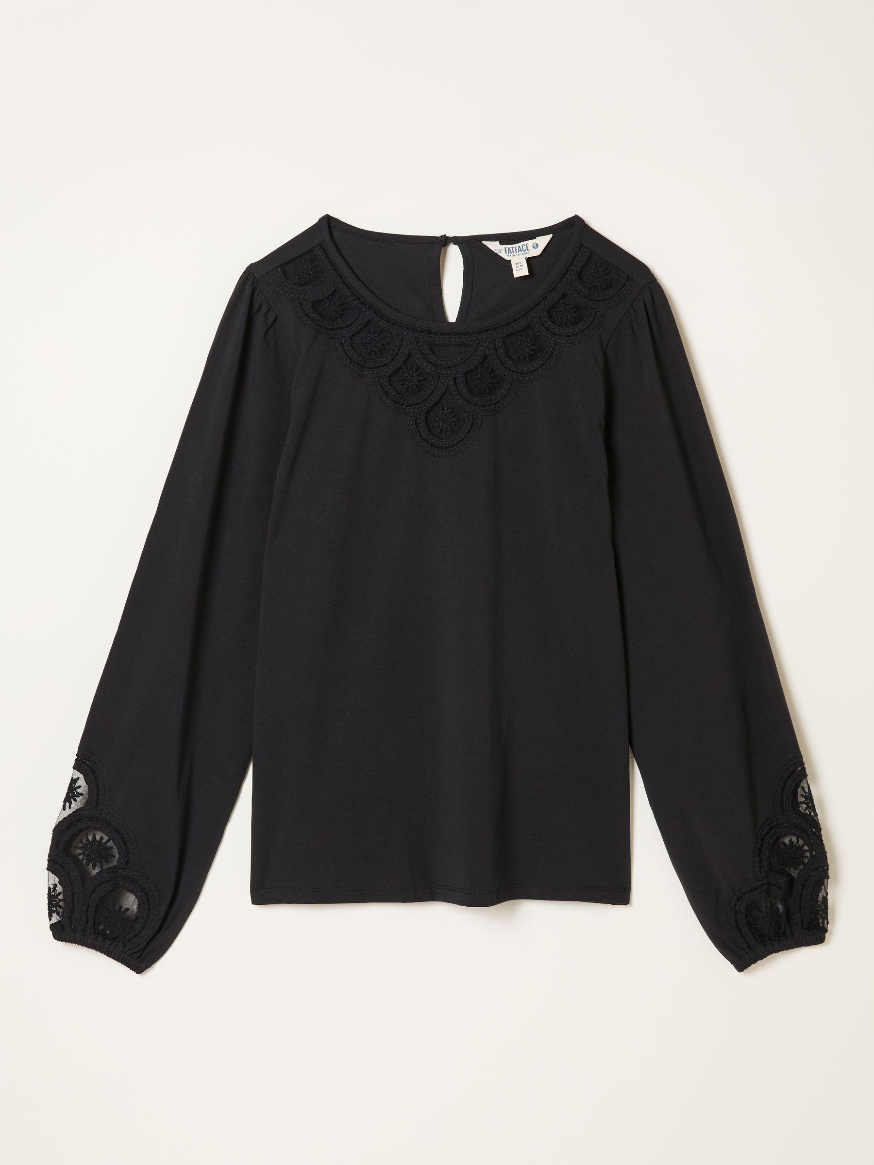 Cleo Black Long Sleeve Embroidered Round Neck Blouse by FAT FACE