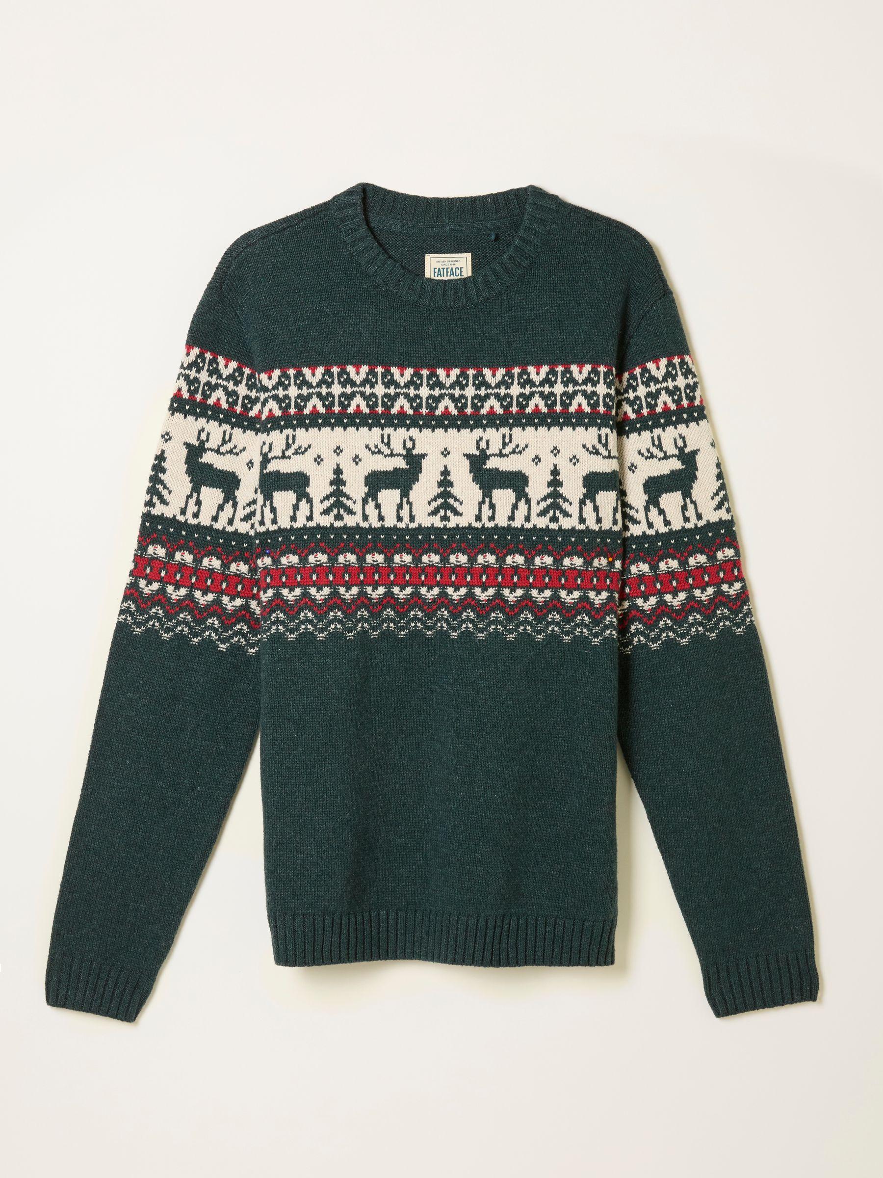 Dark Green Reindeer Fairisle Knitted Crew Jumper by FAT FACE