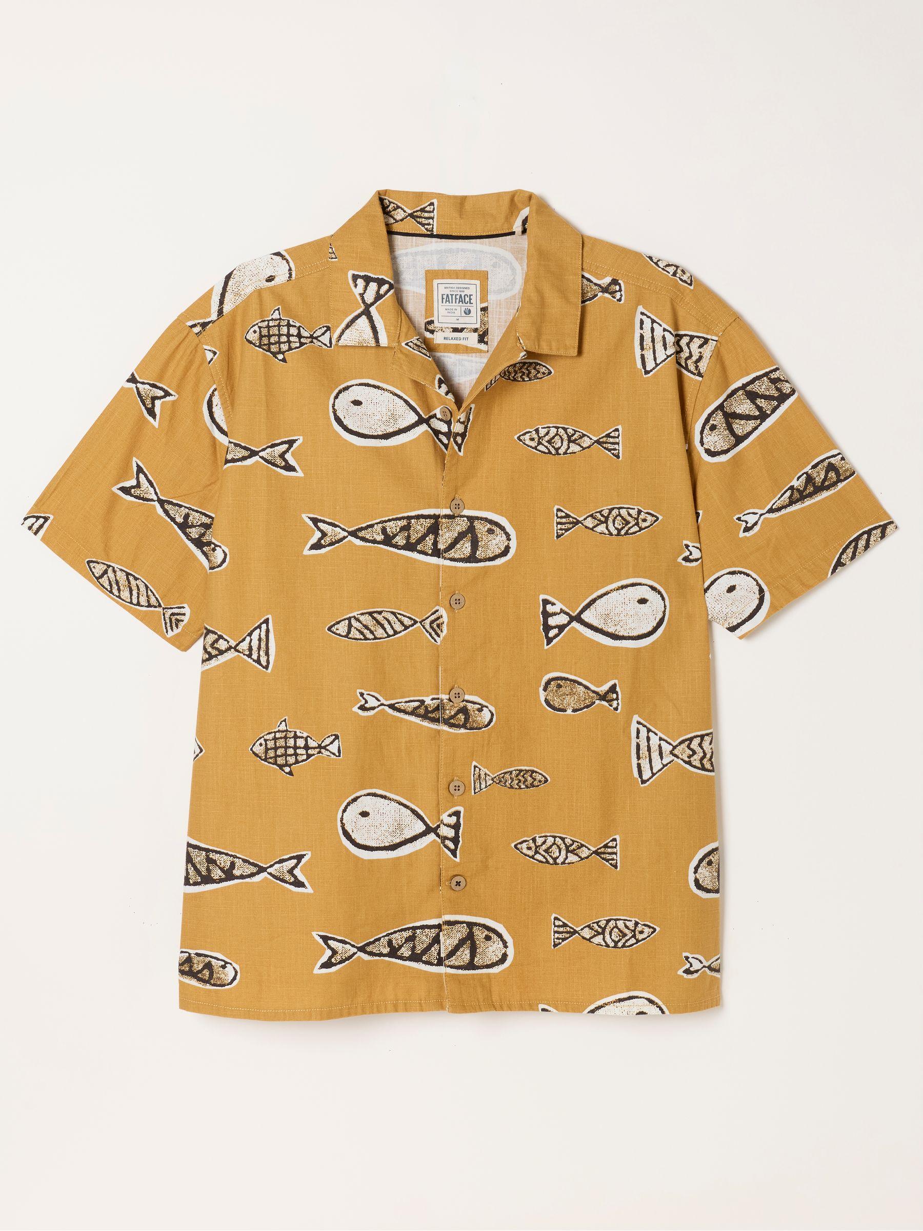 Dark Yellow Short Sleeve Relaxed Fit Fish Print Shirt by FAT FACE