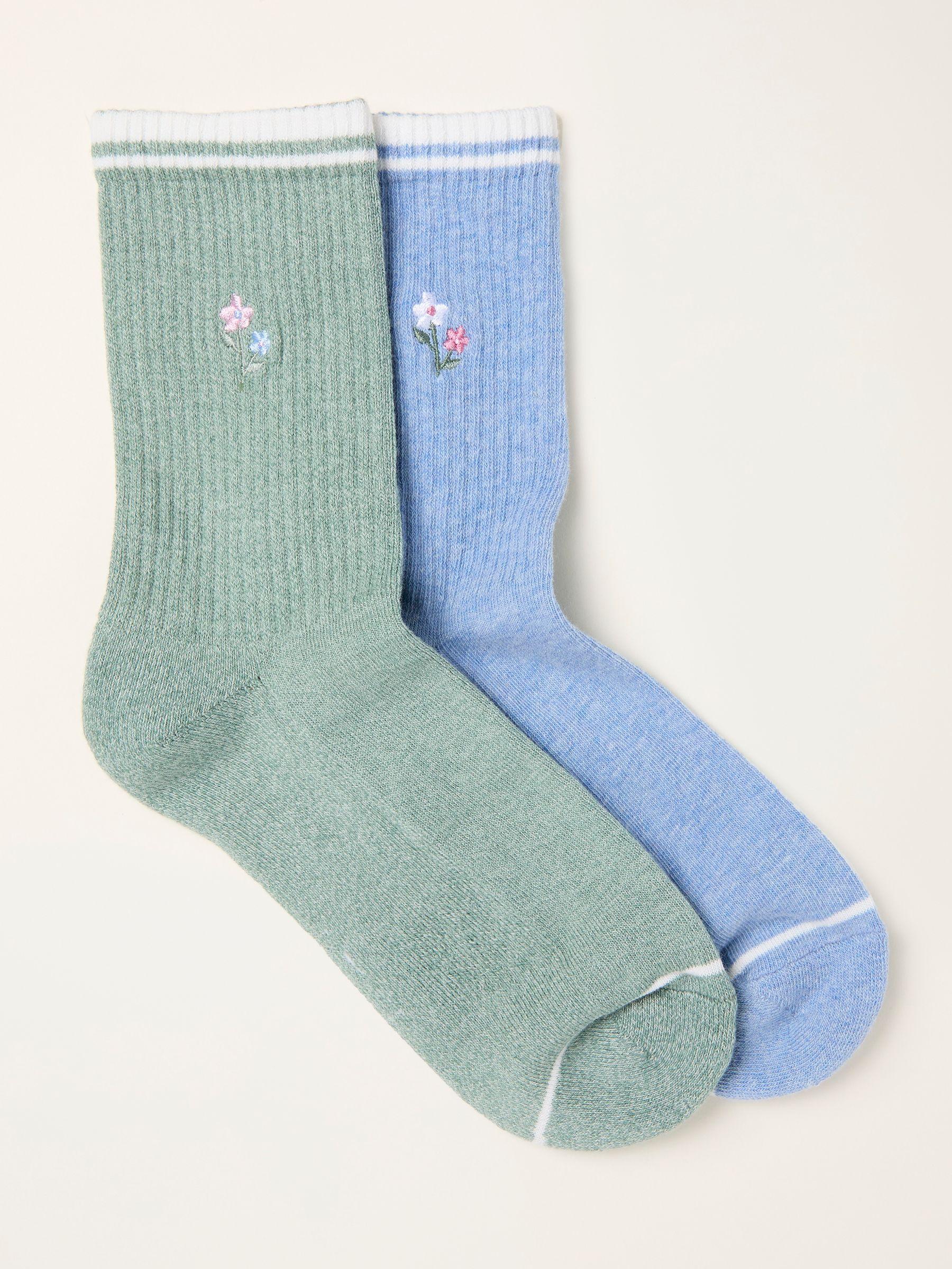 Green 2 Pairs of Embroidered Socks by FAT FACE