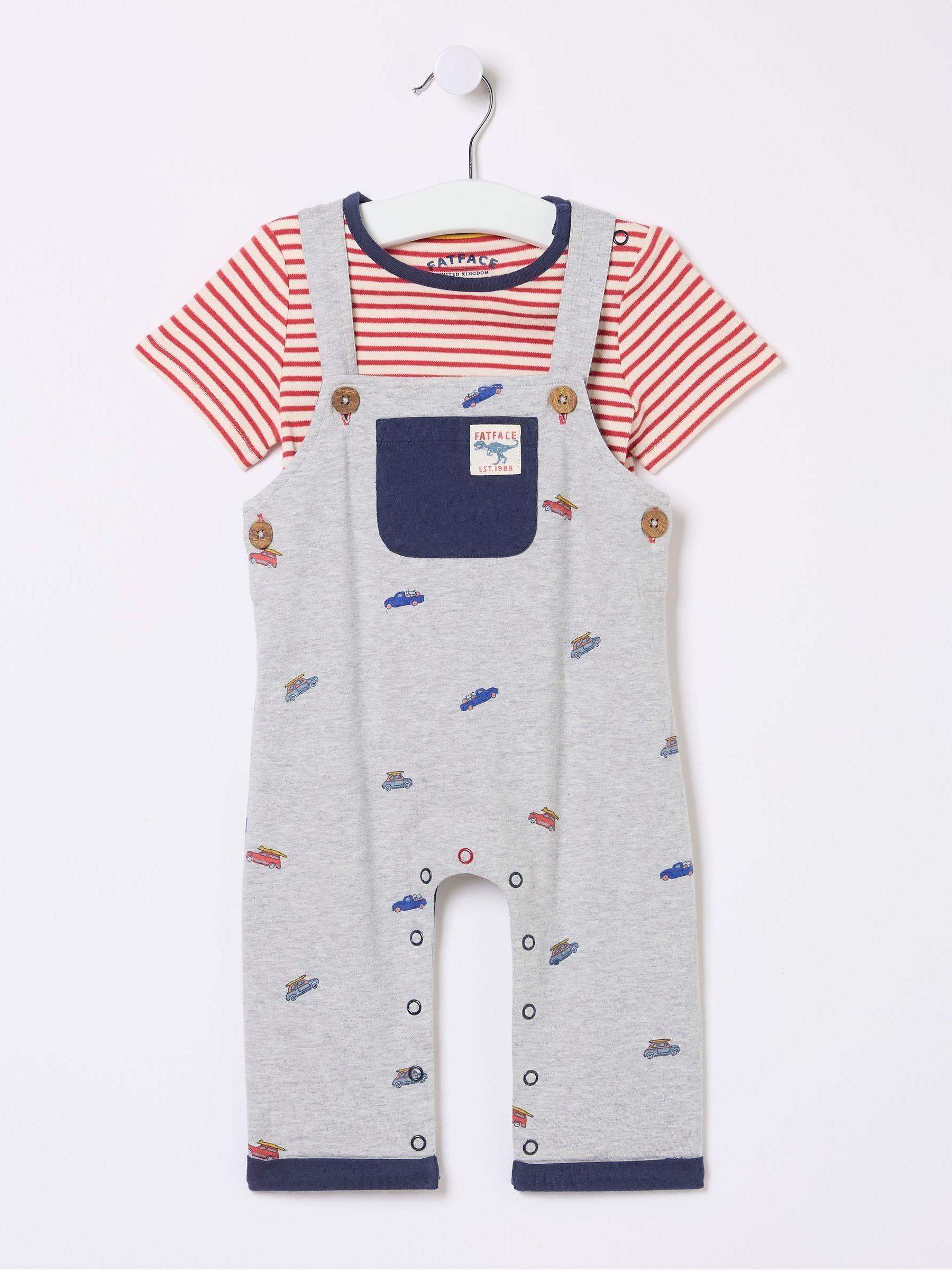 Grey Car Printed Jersey Dungarees Set by FAT FACE