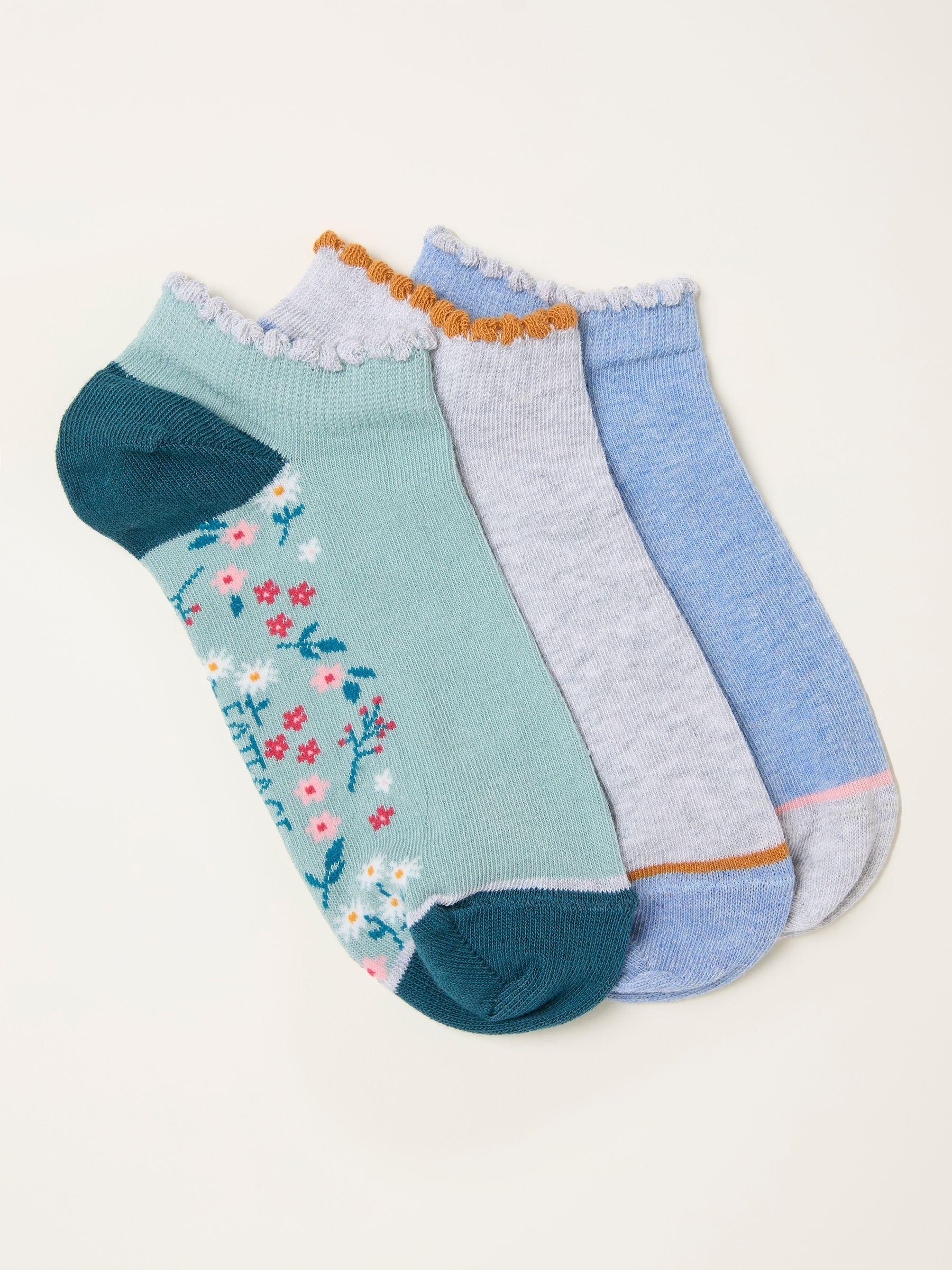 Grey Floral 3 Pairs of Trainer Socks by FAT FACE
