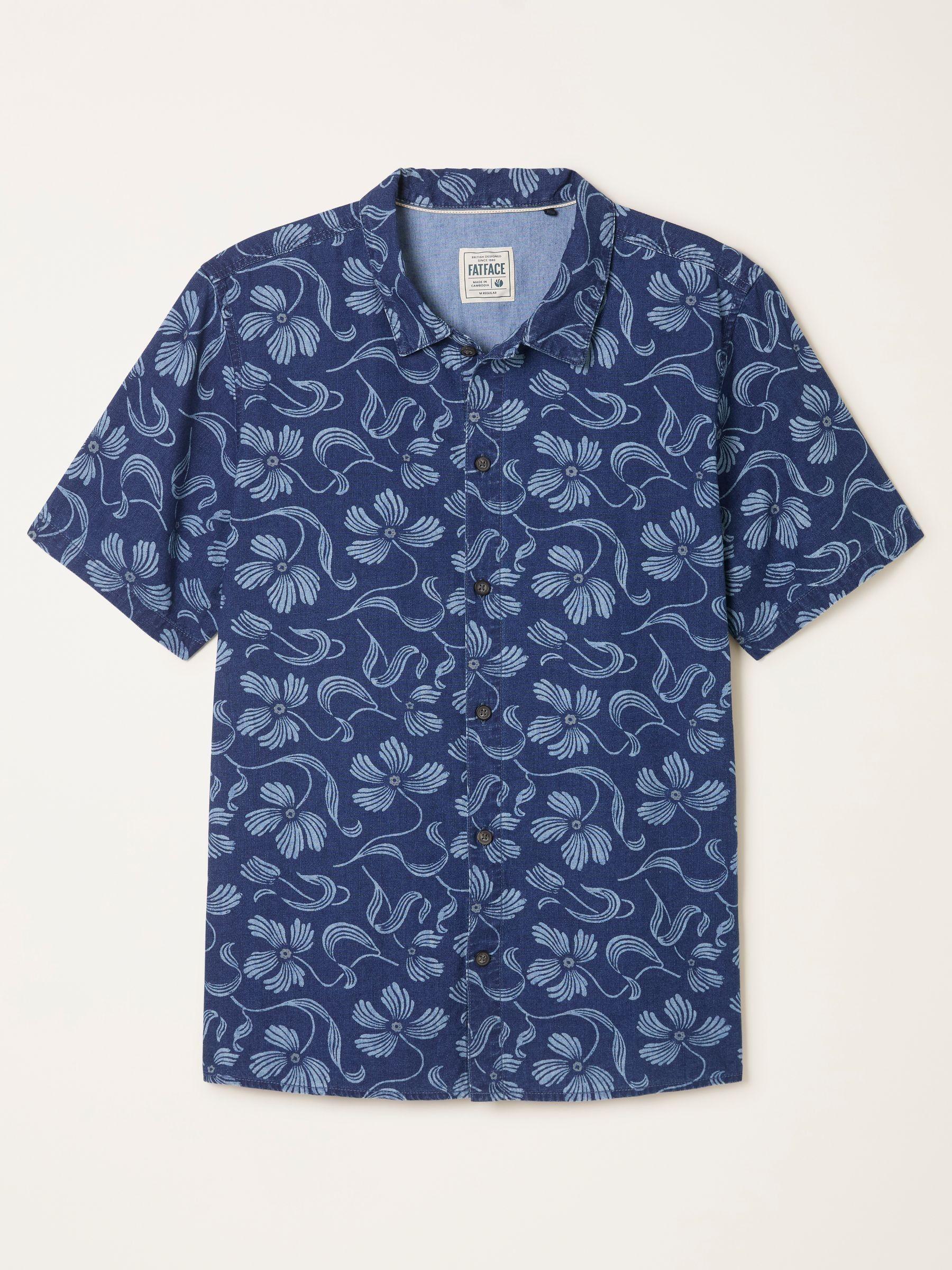 Indigo Blue Short Sleeve Hibiscus Print Shirt by FAT FACE