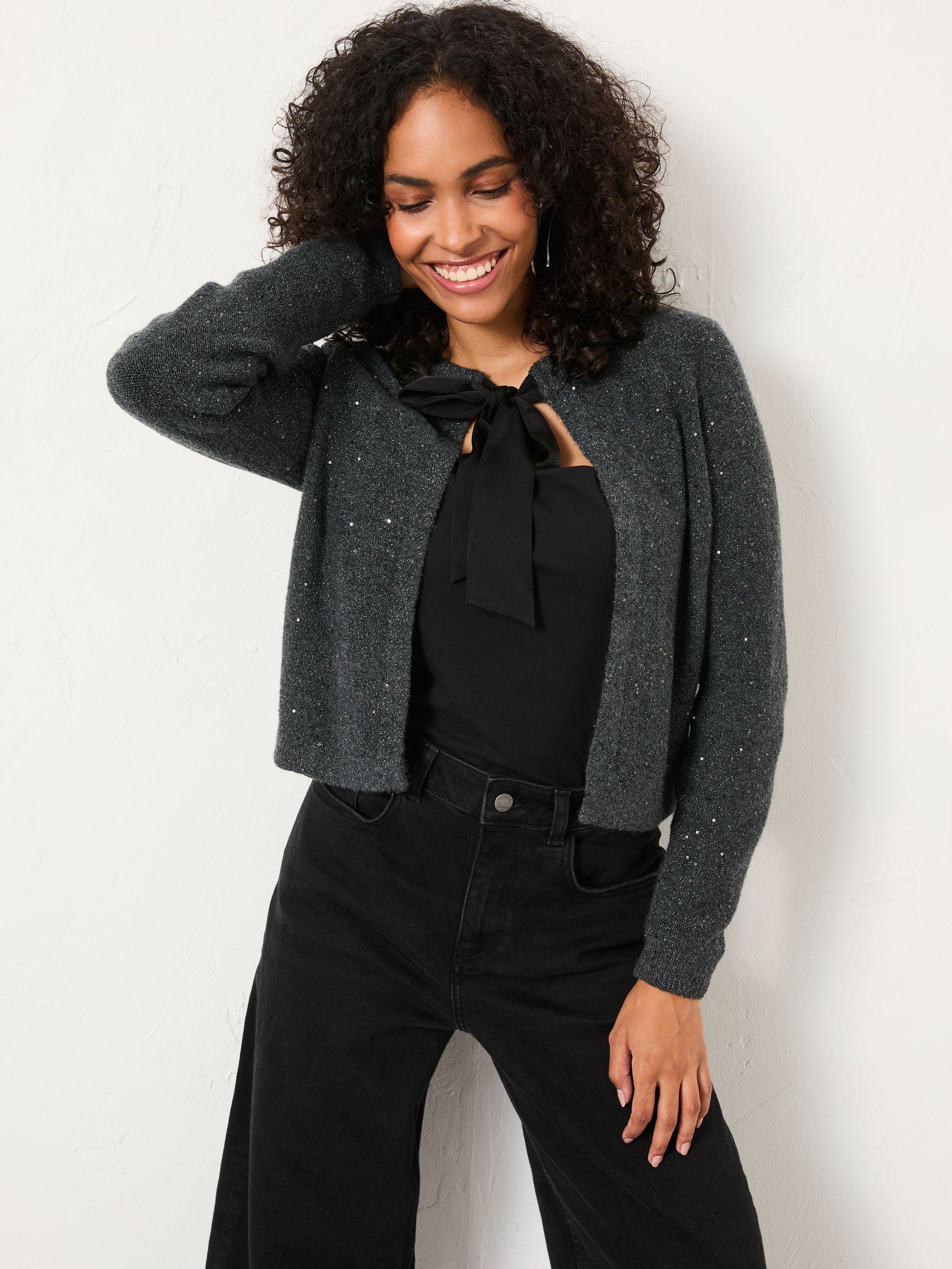 Jasmine Charcoal Grey Sparkle Tie Front Knitted Cardigan by FAT FACE