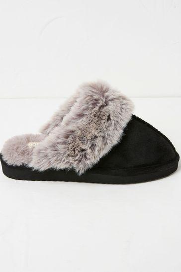 Kaia Black Faux Fur Cuff Mules by FAT FACE