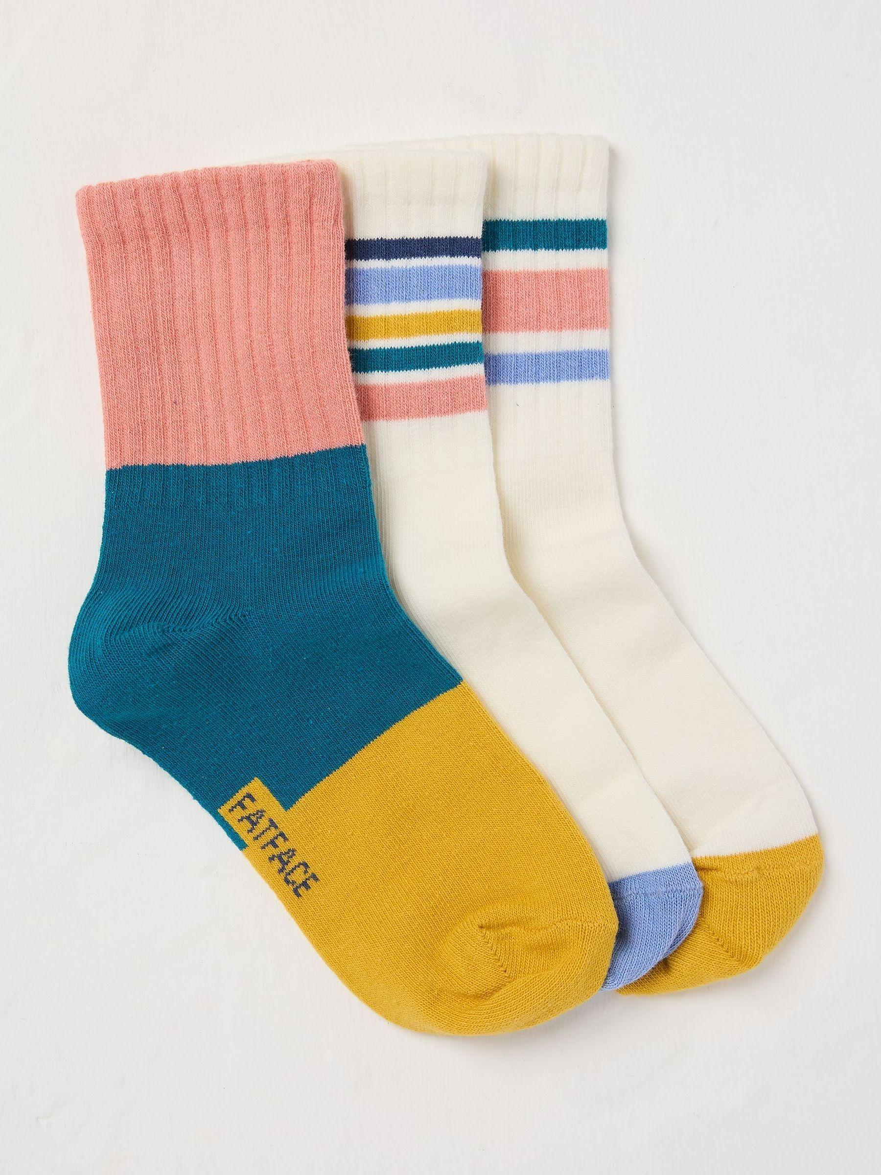 Natural/Pink Stripe Sport Socks 3 Pack by FAT FACE
