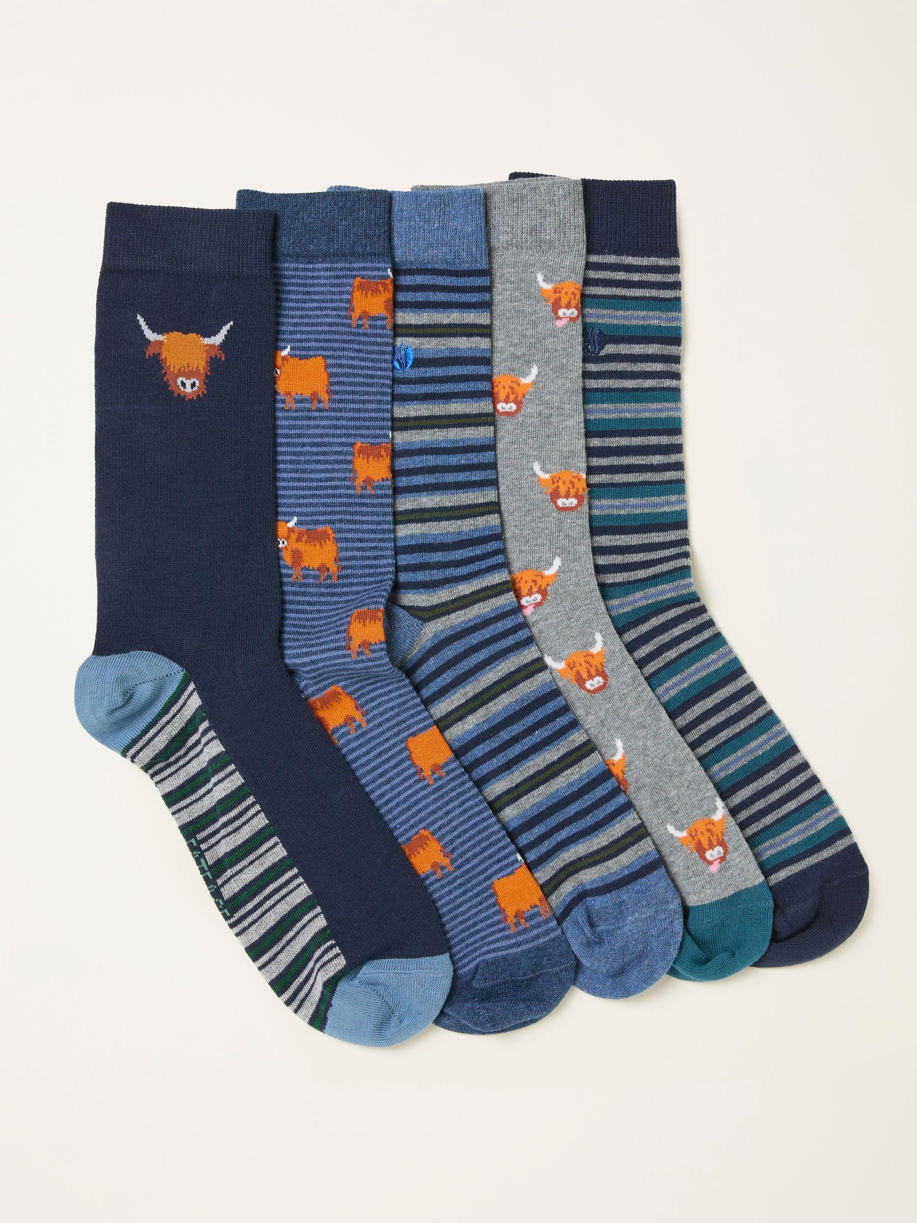 Navy Multi 5 Pairs of Highland Cow Socks by FAT FACE