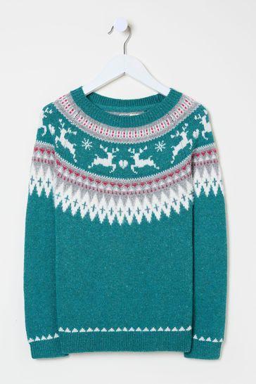 Teal Blue Reindeer Fairisle Pattern Jumper by FAT FACE Teal Blue Reindeer Fairisle Pattern Jumper by FAT FACE