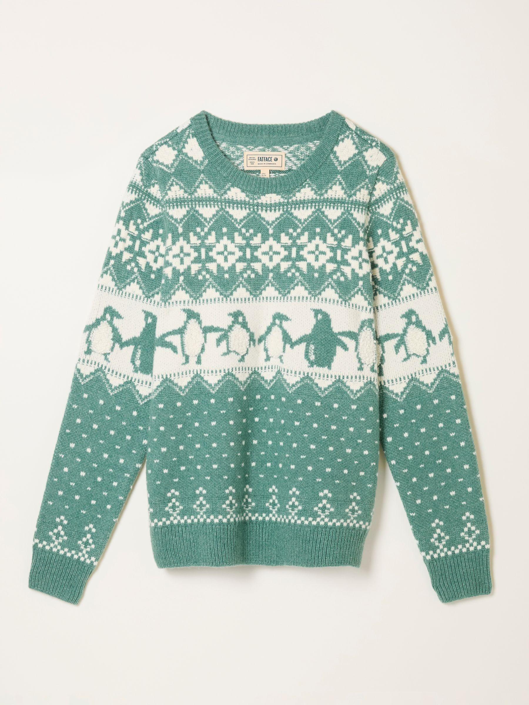 Teal Green Penguin Knitted FairIsle Crew Neck Jumper by FAT FACE